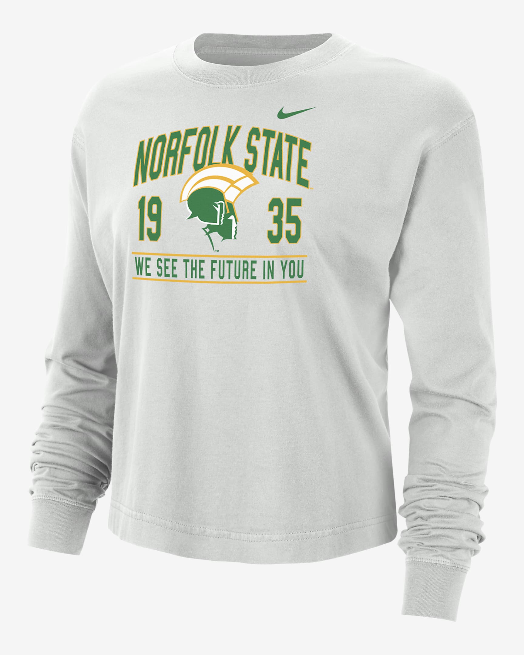 Playera de manga larga universitaria Nike de corte cuadrado para mujer Norfolk State - Polvo fotón