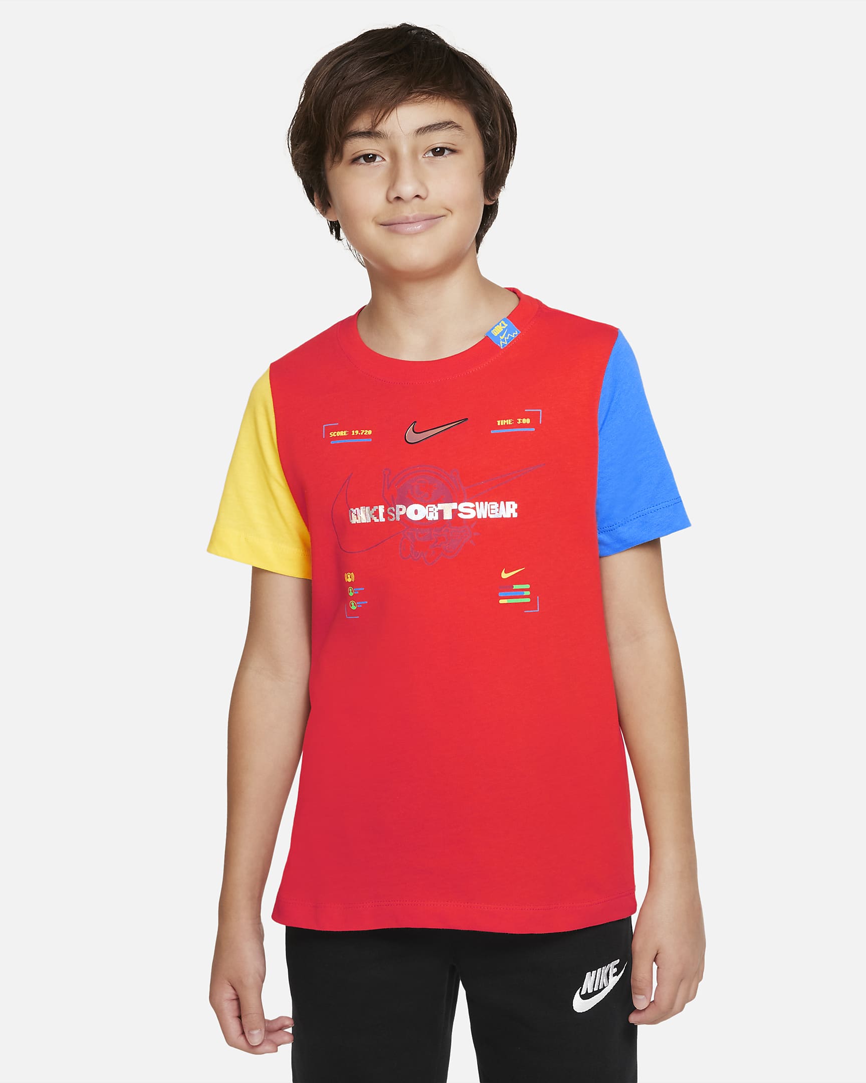 Nike Sportswear Big Kids' (Boys') T-Shirt - Habanero Red/Yellow Strike/Light Photo Blue