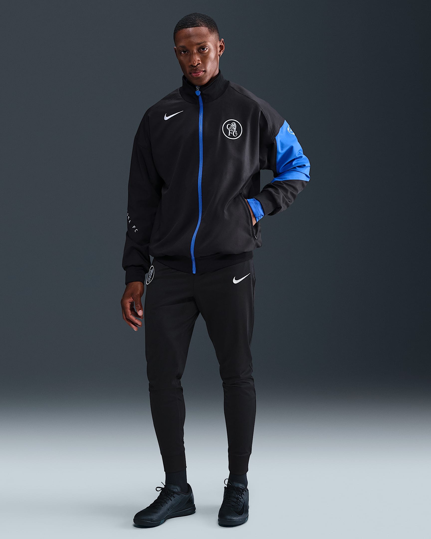 Chelsea F.C. Strike Third Men's Nike Dri-FIT Total 90 Football Knit Tracksuit Bottoms - Black/Field Silver