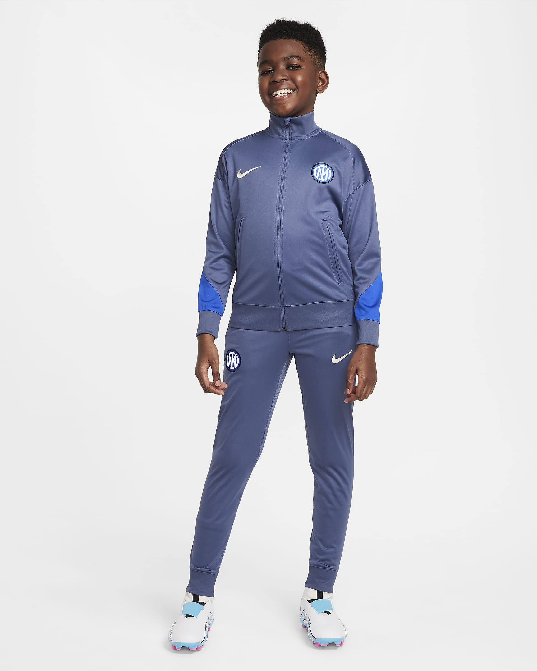 Pleteninová fotbalová tepláková souprava Nike Dri-FIT Inter Milán Strike pro větší děti - Diffused Blue/Lyon Blue/Sanddrift