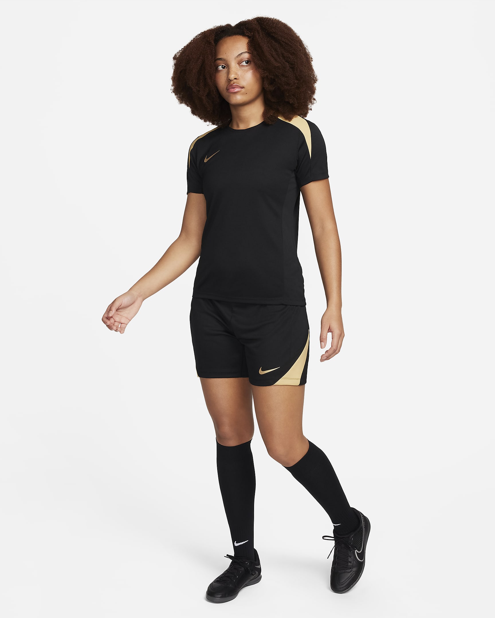 Nike Strike Dri-FIT Kurzarm-Fußballoberteil für Damen - Schwarz/Jersey Gold/Metallic Gold