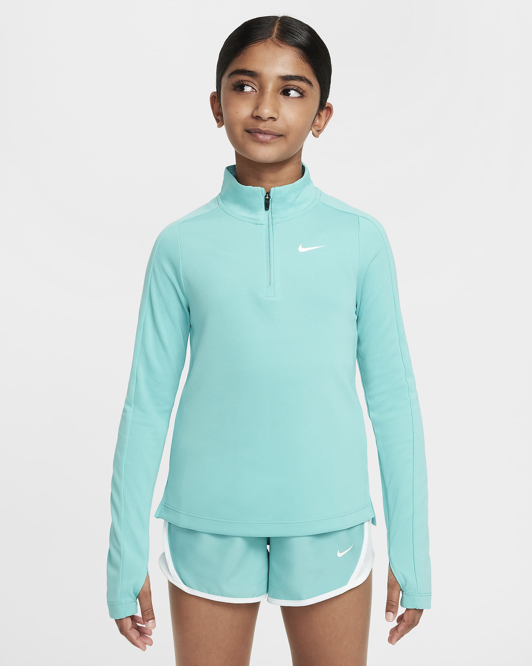 Nike Dri-FIT langermet overdel med halv glidelås til store barn (jente) - Green Frost/Hvit