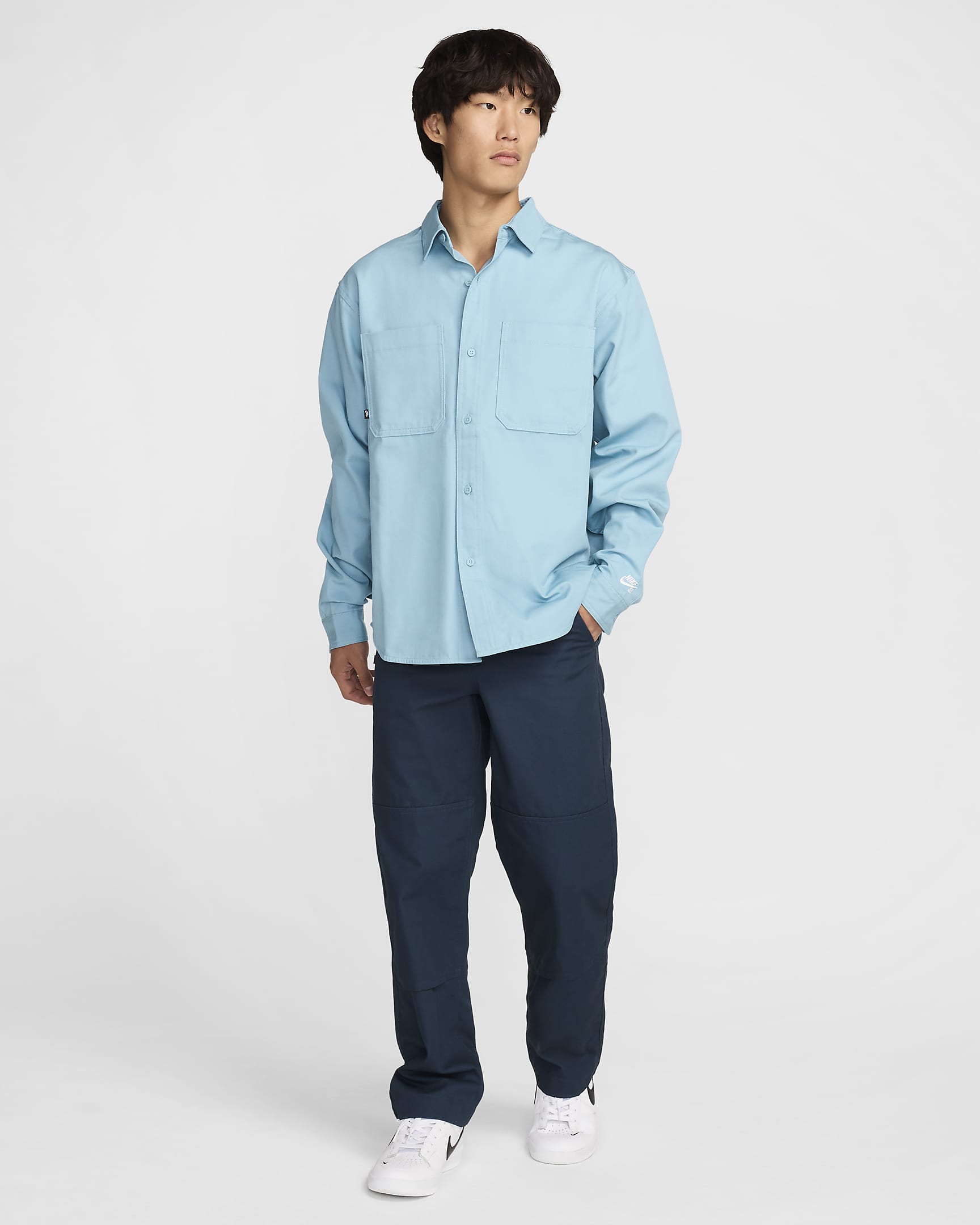 Nike SB Long-Sleeve Woven Skate Top - Denim Turquoise/White