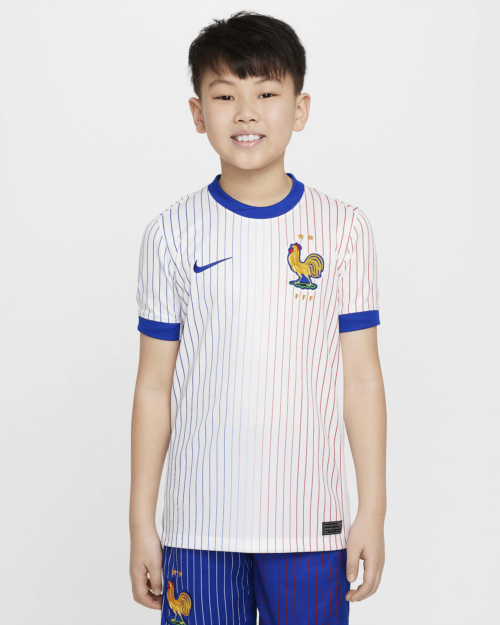 FFF (Men's Team) 2024/25 Stadium Away Older Kids' Nike Dri-FIT Football Replica Shirt - White/Bright Blue/University Red/Bright Blue