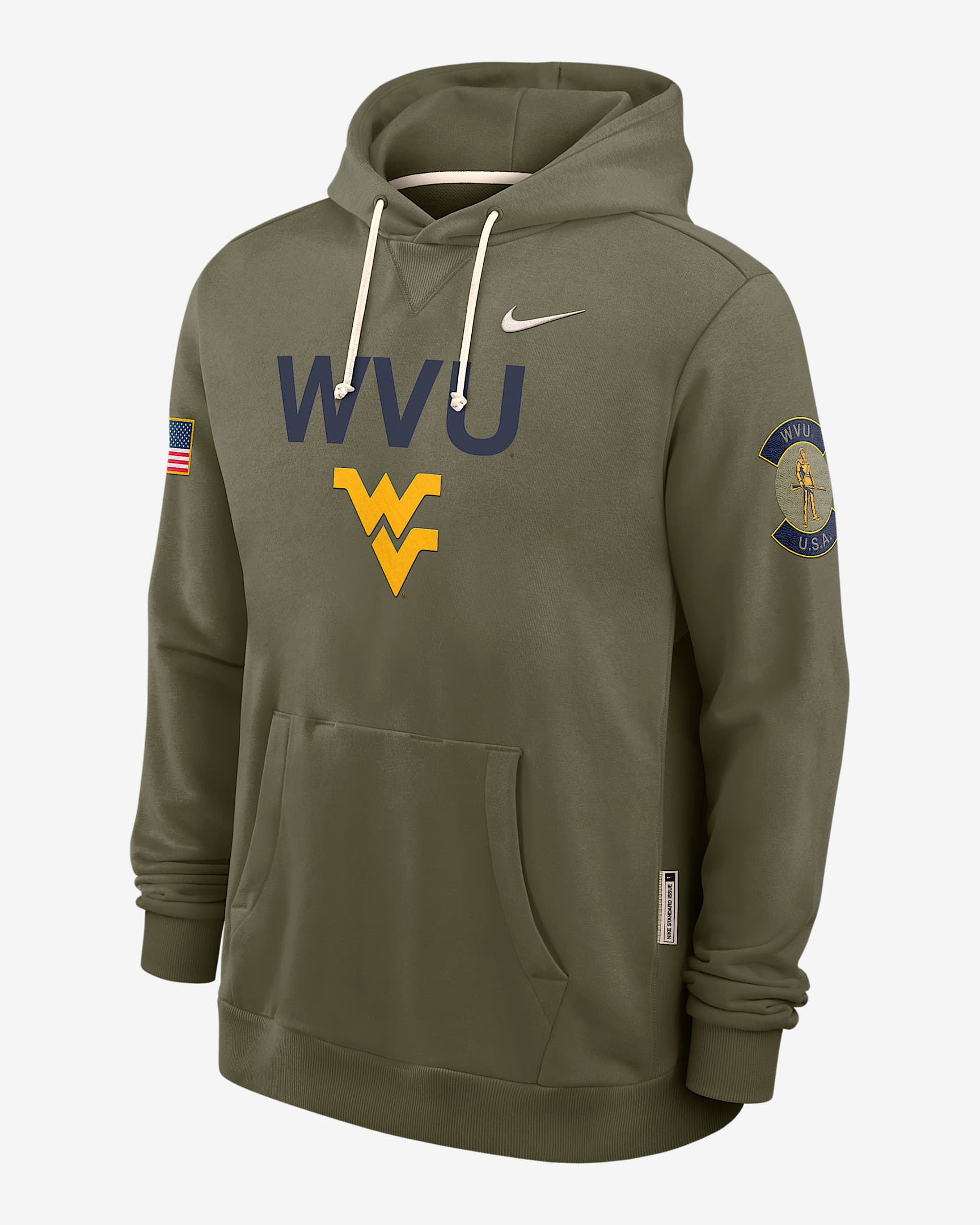 West Virginia 2025 Military Appreciation Men's Nike Dri-FIT College Pullover Hoodie - Olive