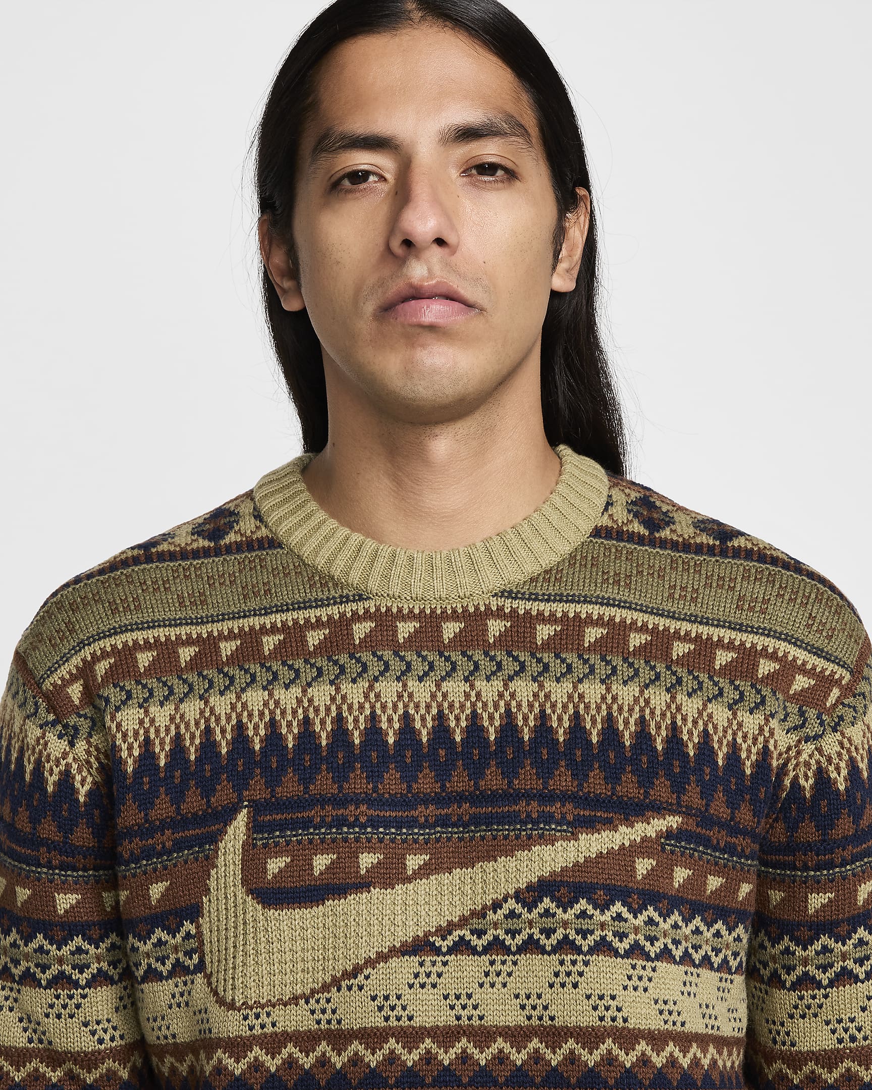 Nike Life Men's Fair Isle Swoosh Jumper - Neutral Olive