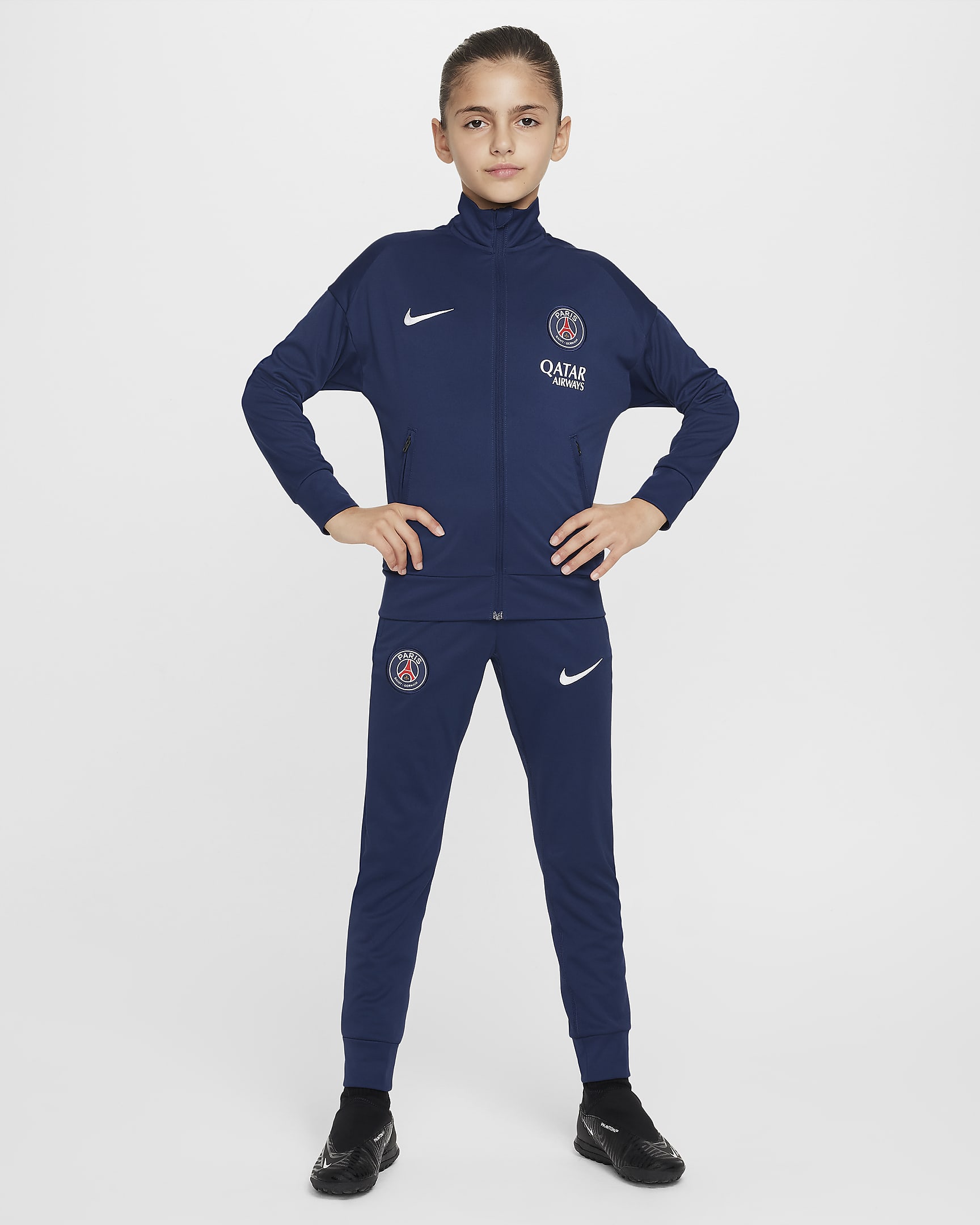 Paris Saint-Germain Academy Pro Nike Dri-FIT Fußball-Trainingsanzug aus Strickmaterial für ältere Kinder - Midnight Navy/Weiß