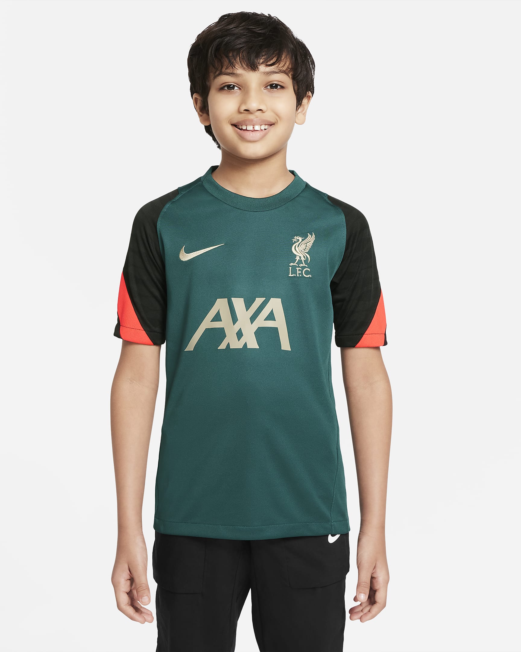 Liverpool F.C. Strike Older Kids' Short-Sleeve Football Top - Dark Atomic Teal/Bright Crimson/Mystic Stone