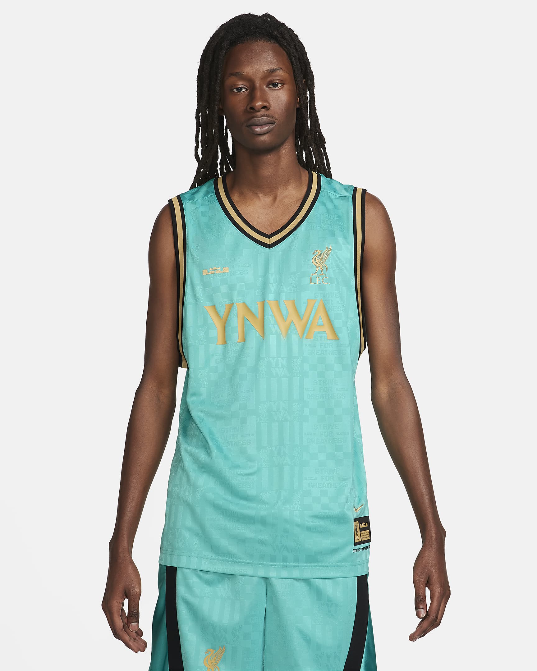 Jersey DNA de básquetbol Dri-FIT para hombre LeBron x Liverpool FC - Azul verdoso lavado/Oro genuino