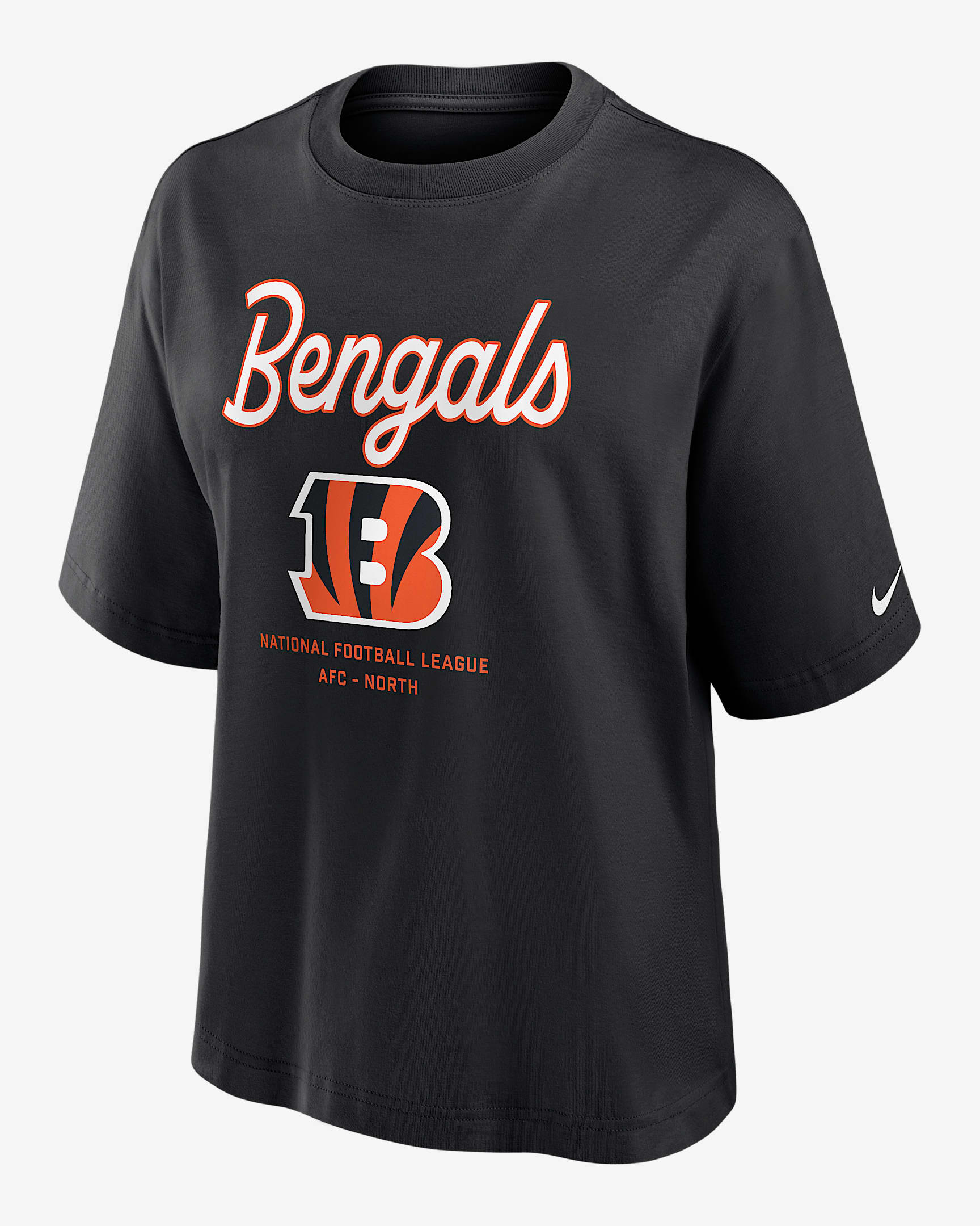 Playera Nike de la NFL para mujer Cincinnati Bengals Essential Script Boxy - Negro