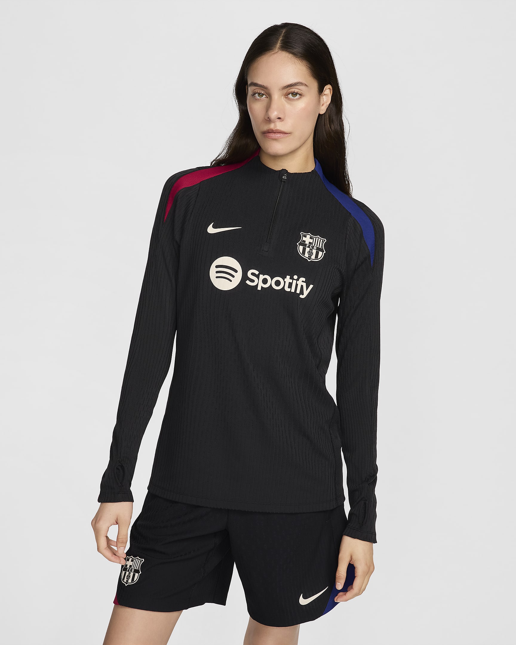 Haut d'entraînement de foot en maille Nike Dri-FIT ADV FC Barcelona Strike Elite pour femme - Noir/Noble Red/Deep Royal Blue/Light Orewood Brown