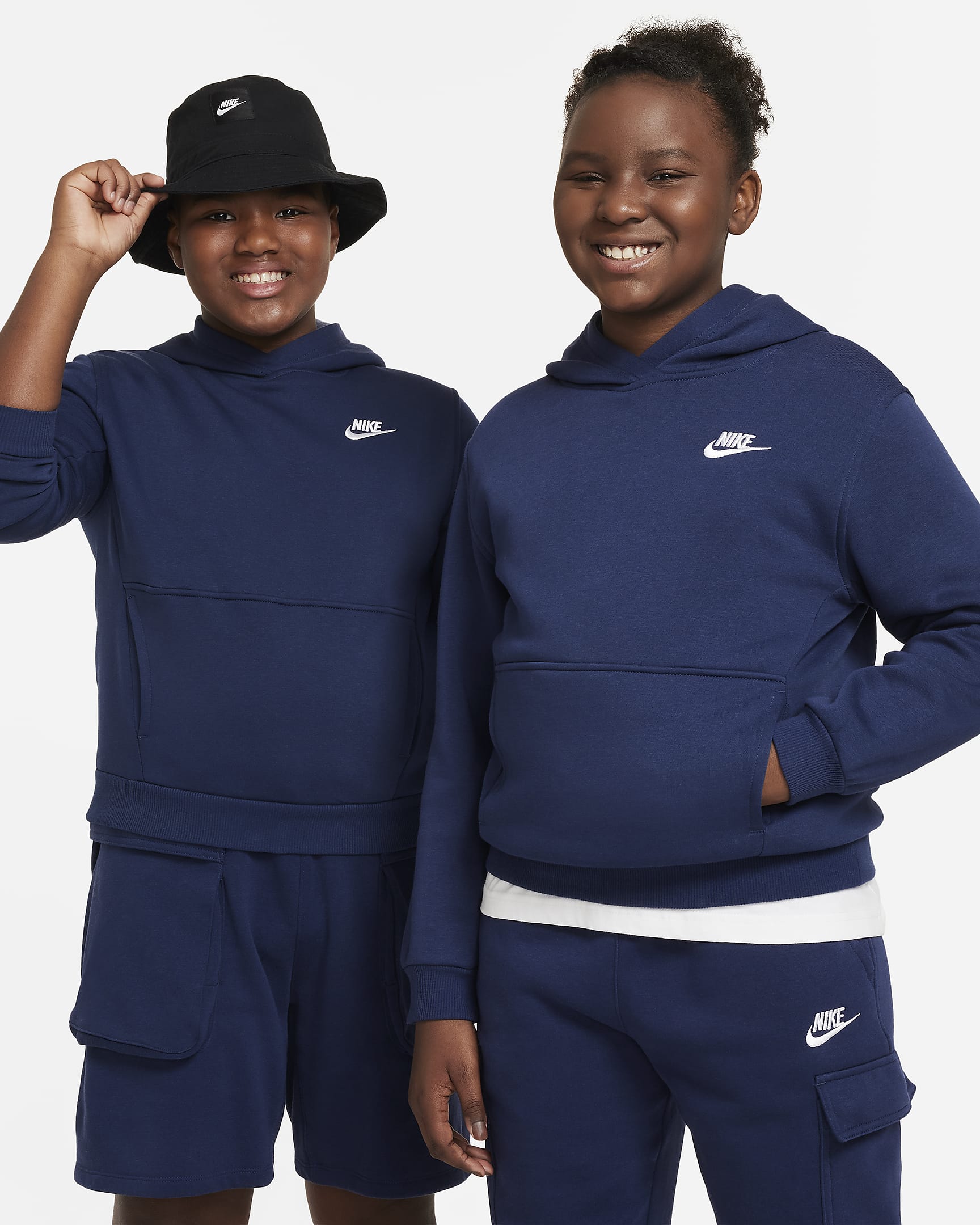 Nike Sportswear Club Fleece Big Kids' Pullover Hoodie (Extended Size) - Midnight Navy/White