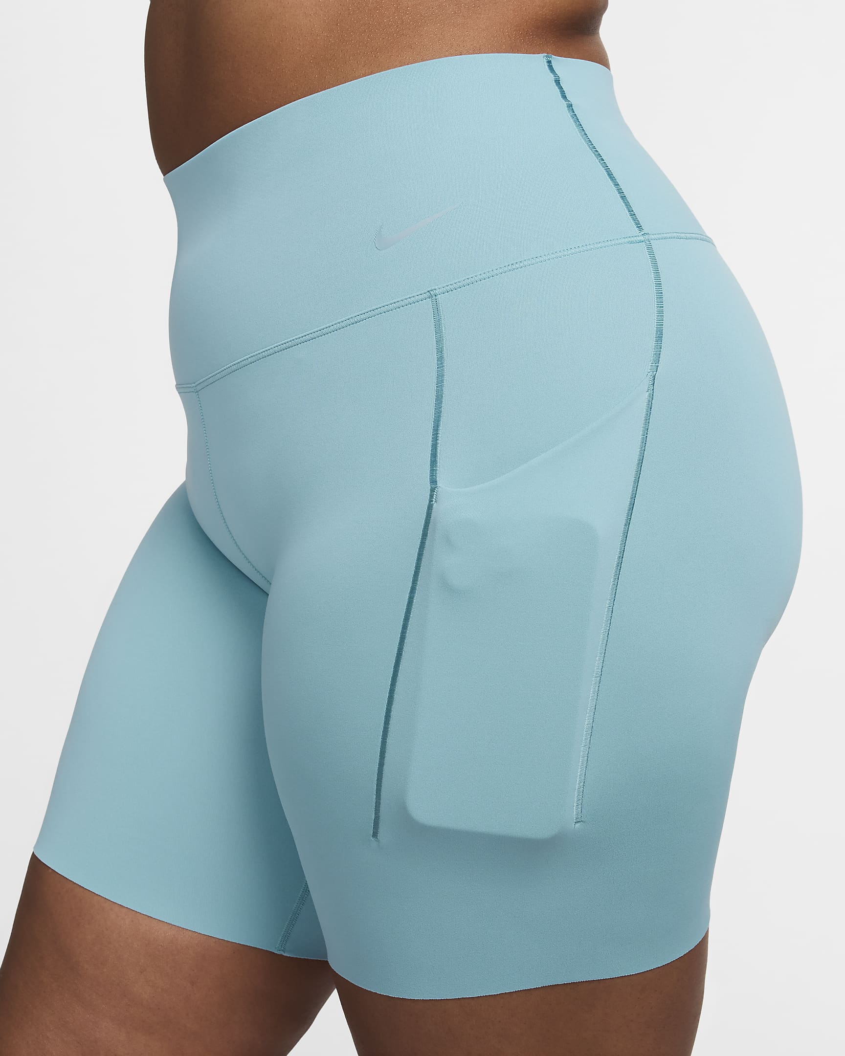 Shorts de ciclismo con bolsillos de 20 cm de tiro alto y media sujeción para mujer Nike Universa - Denim turquesa/Negro