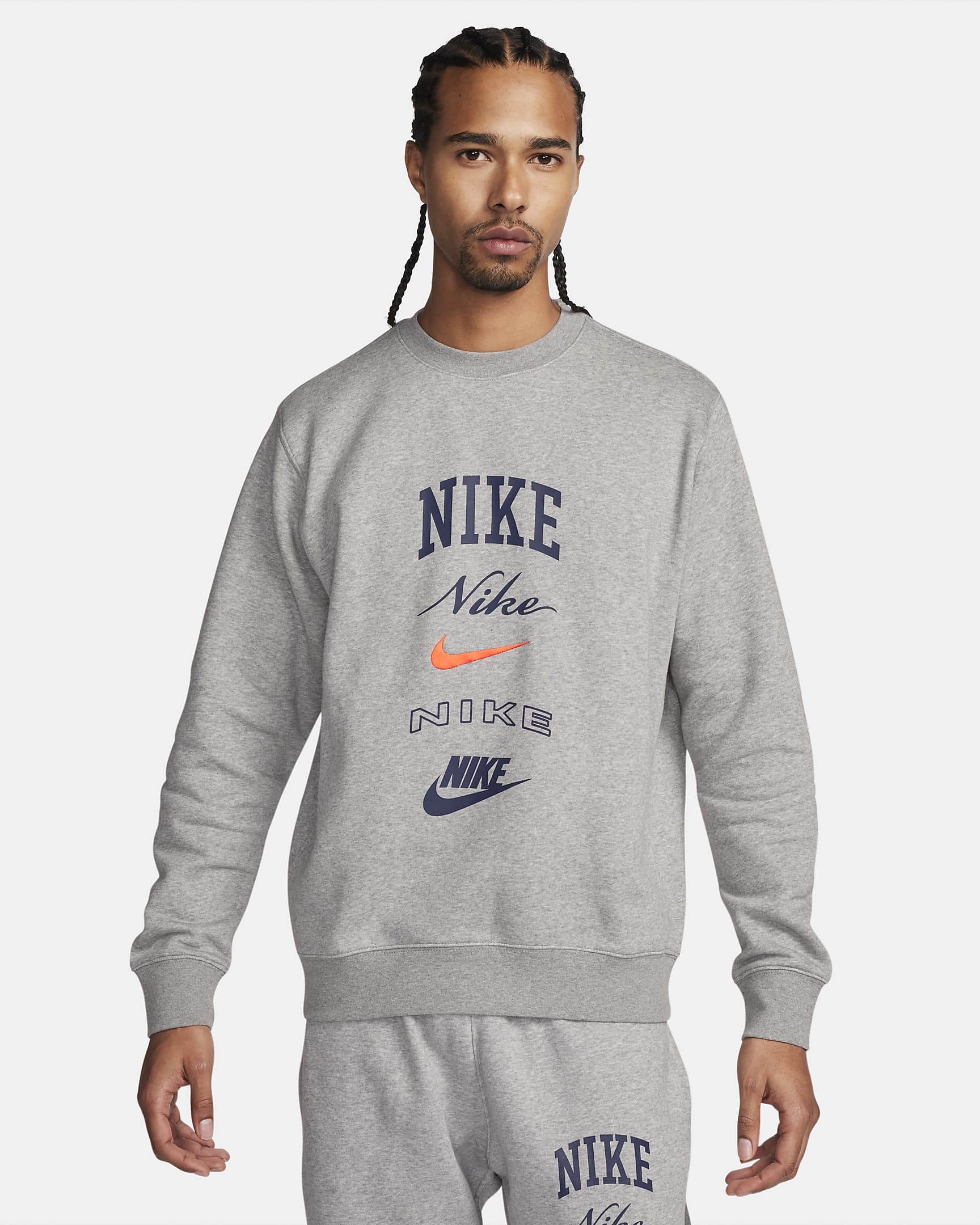 Nike Club Fleece Men's Long-Sleeve Crew-Neck Sweatshirt - Dark Grey Heather/Safety Orange