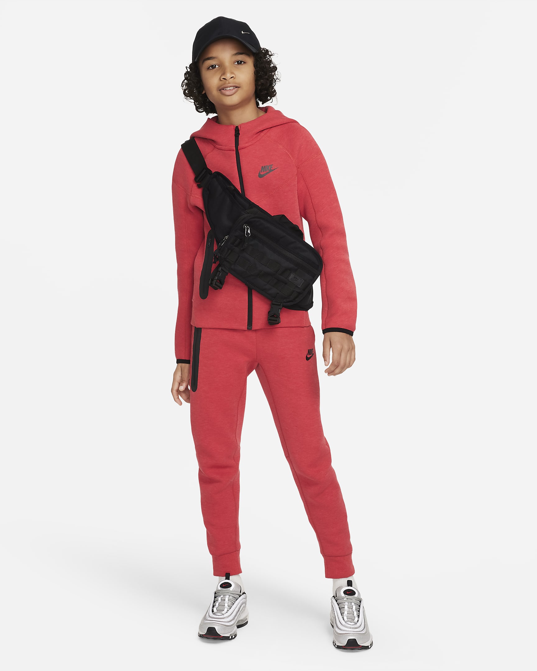 Felpa con cappuccio e zip a tutta lunghezza Nike Sportswear Tech Fleece - Ragazzo - Light University Red Heather/Nero/Nero