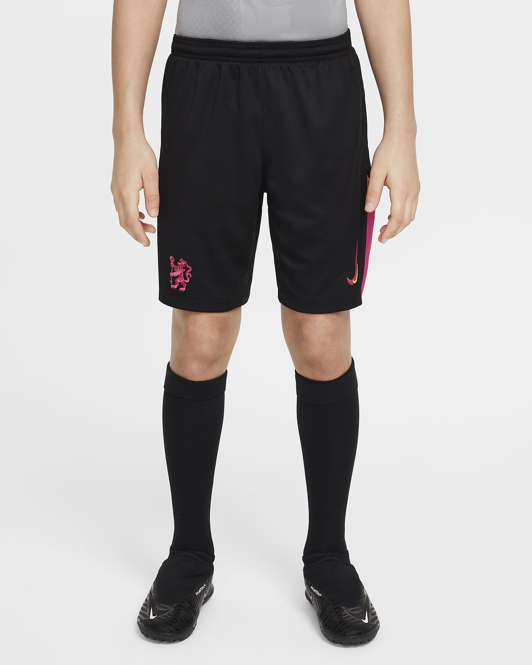 Chelsea FC 2024/25 Stadium (tredjedrakt) Nike Dri-FIT Replica fotballshorts til store barn - Svart/Opti Yellow/Pink Prime