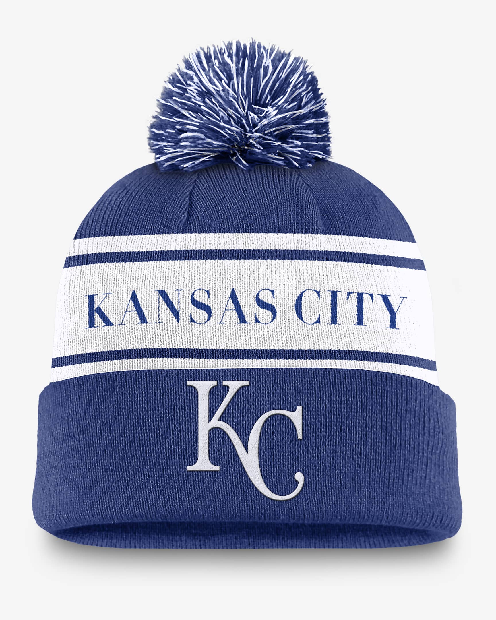 Kansas City Royals Team Stripe Peak Men's Nike MLB Cuffed Pom Beanie - Royal