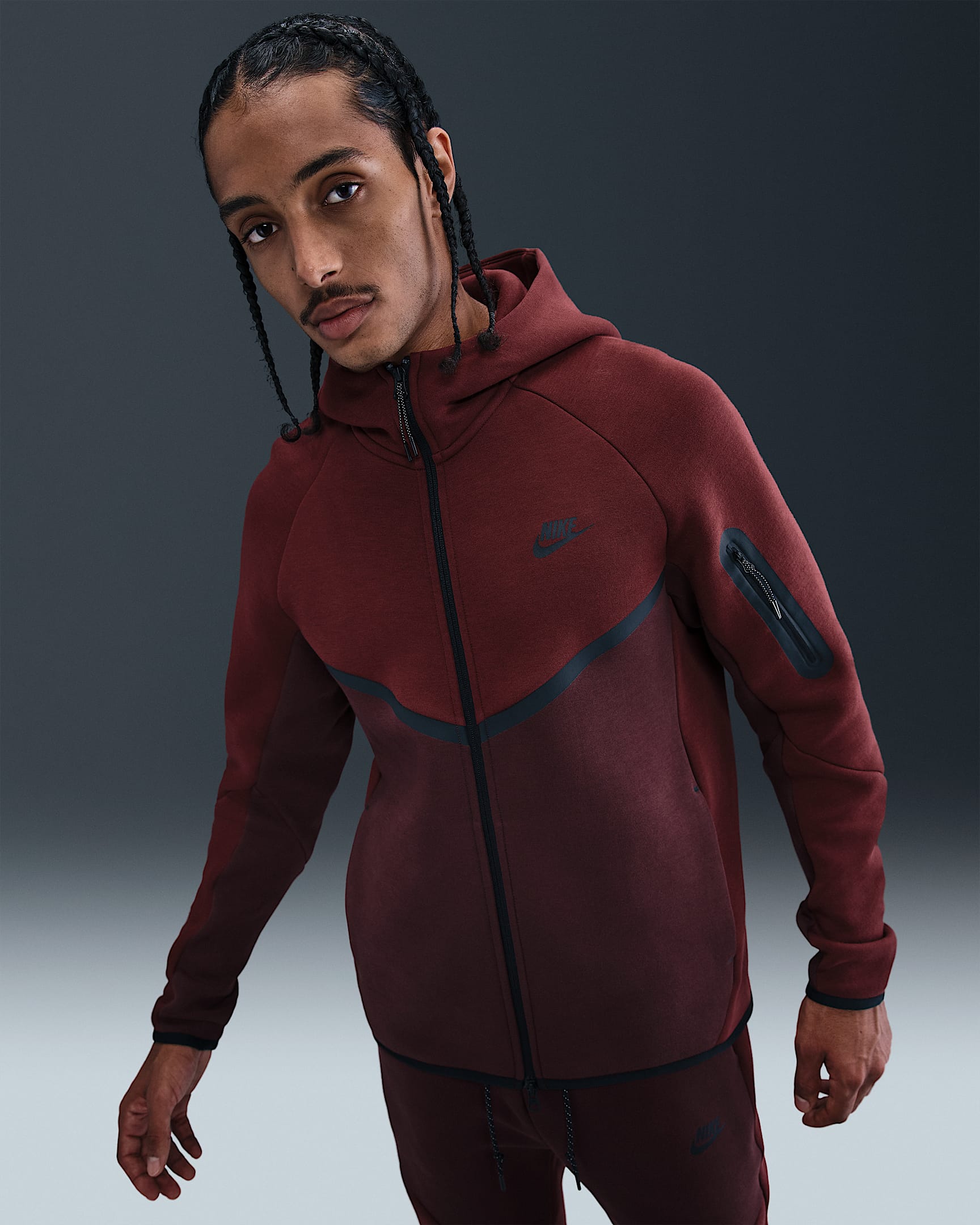 Chamarra Windrunner de tejido Fleece de cierre completo para hombre Nike Tech - Rojo team oscuro/Burdeos enérgico/Negro