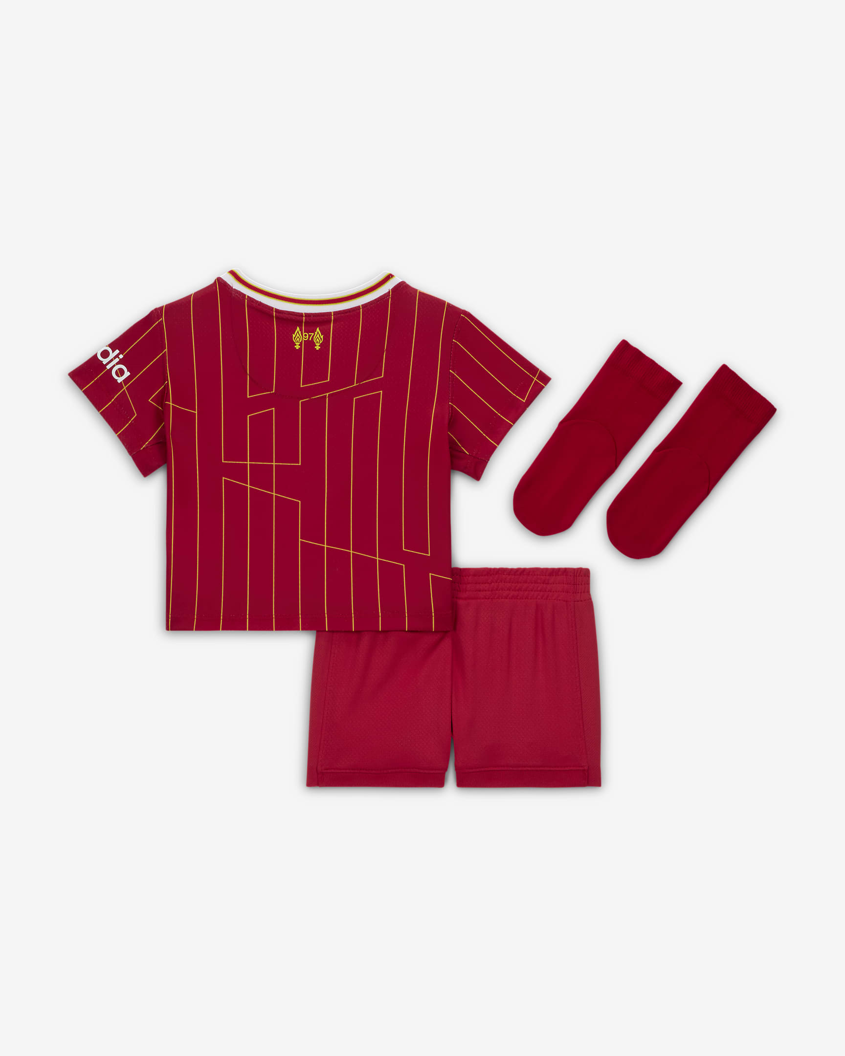 FC Liverpool 2024/25 Stadium Home dreiteiliges Nike Replika-Fußballtrikot-Set (Babys und Kleinkinder) - Gym Red/Weiß/Chrome Yellow