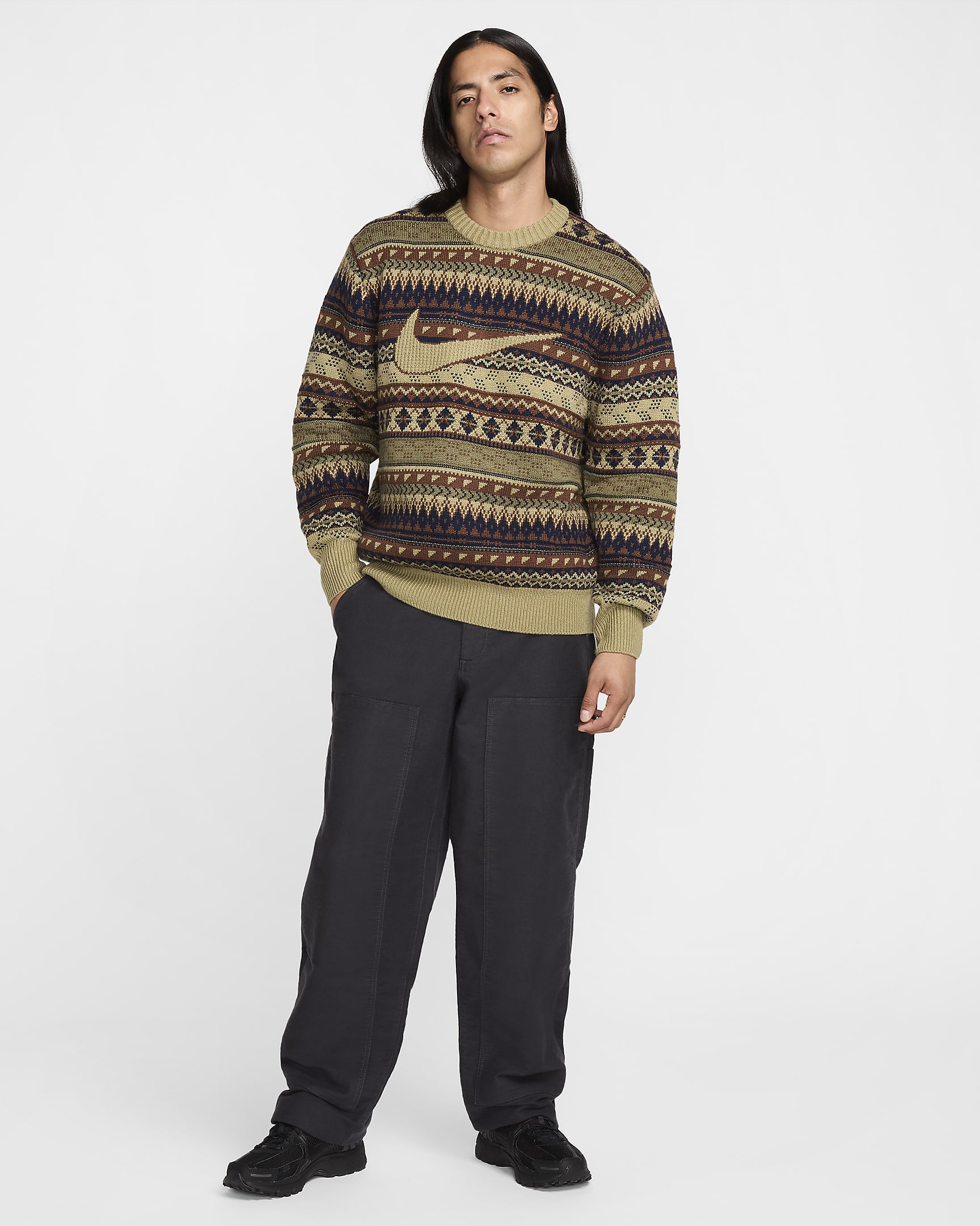 Nike Life Men's Fair Isle Swoosh Jumper - Neutral Olive