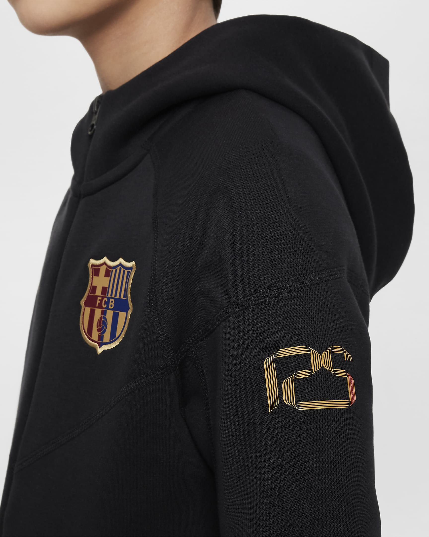 FC Barcelona Tech Fleece Big Kids' (Boys') Nike Soccer Full-Zip Hoodie - Black/Club Gold