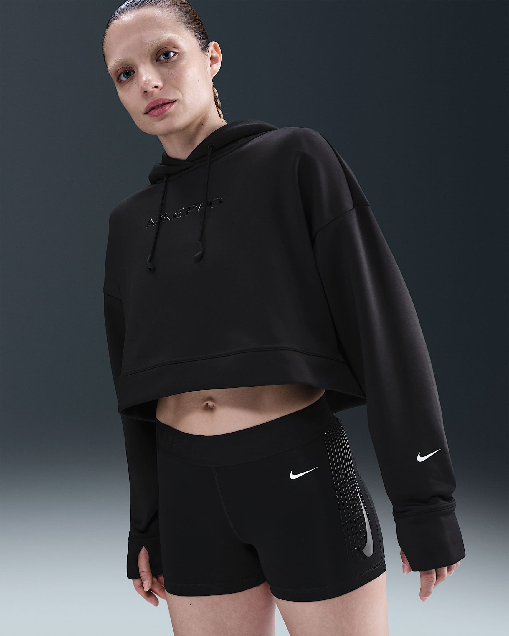 Dámská flísová mikina Nike Pro Therma-FIT s kapucí - Černá/Bílá