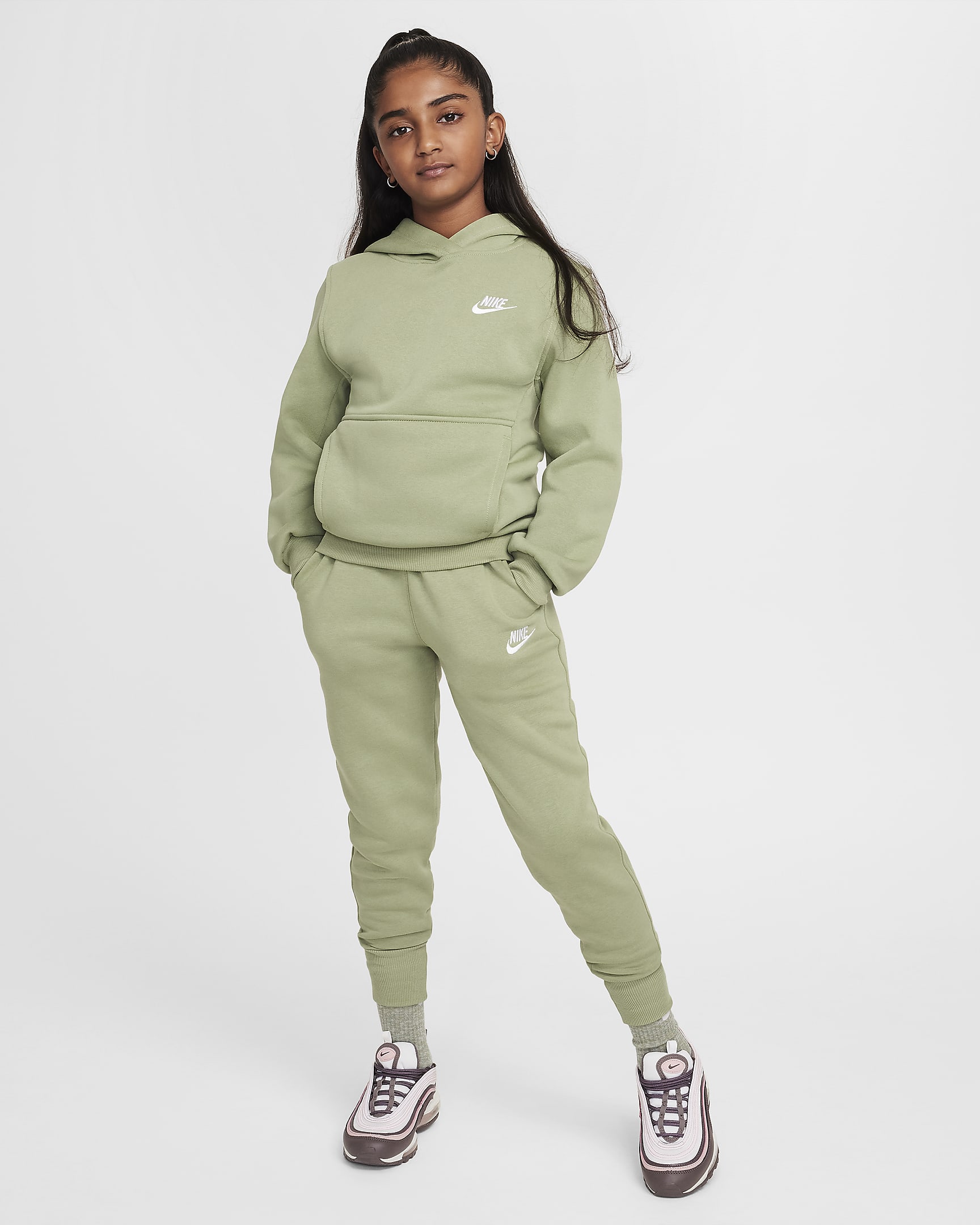 Nike Sportswear Club Fleece Older Kids' (Girls') High-Waisted Fitted Trousers - Oil Green/Oil Green/White