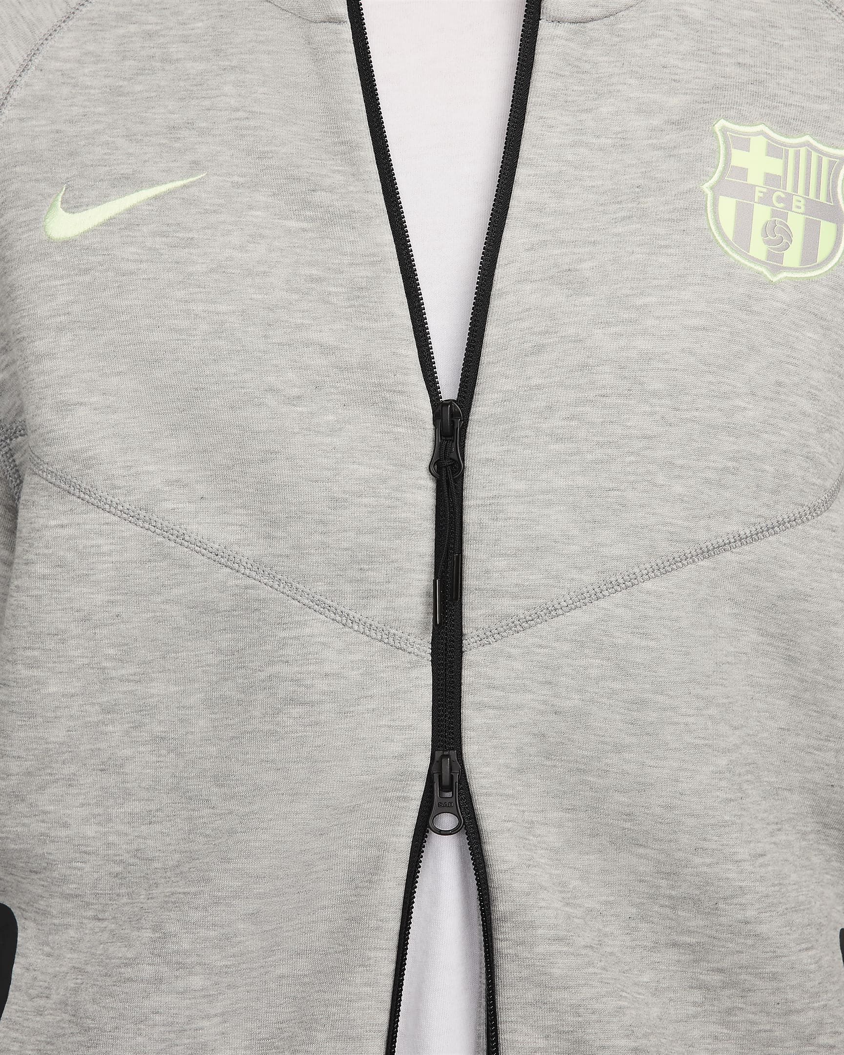 Męska piłkarska bluza z kapturem i zamkiem na całej długości Nike FC Barcelona Tech Fleece Windrunner (wersja trzecia) - Dark Grey Heather/Barely Volt