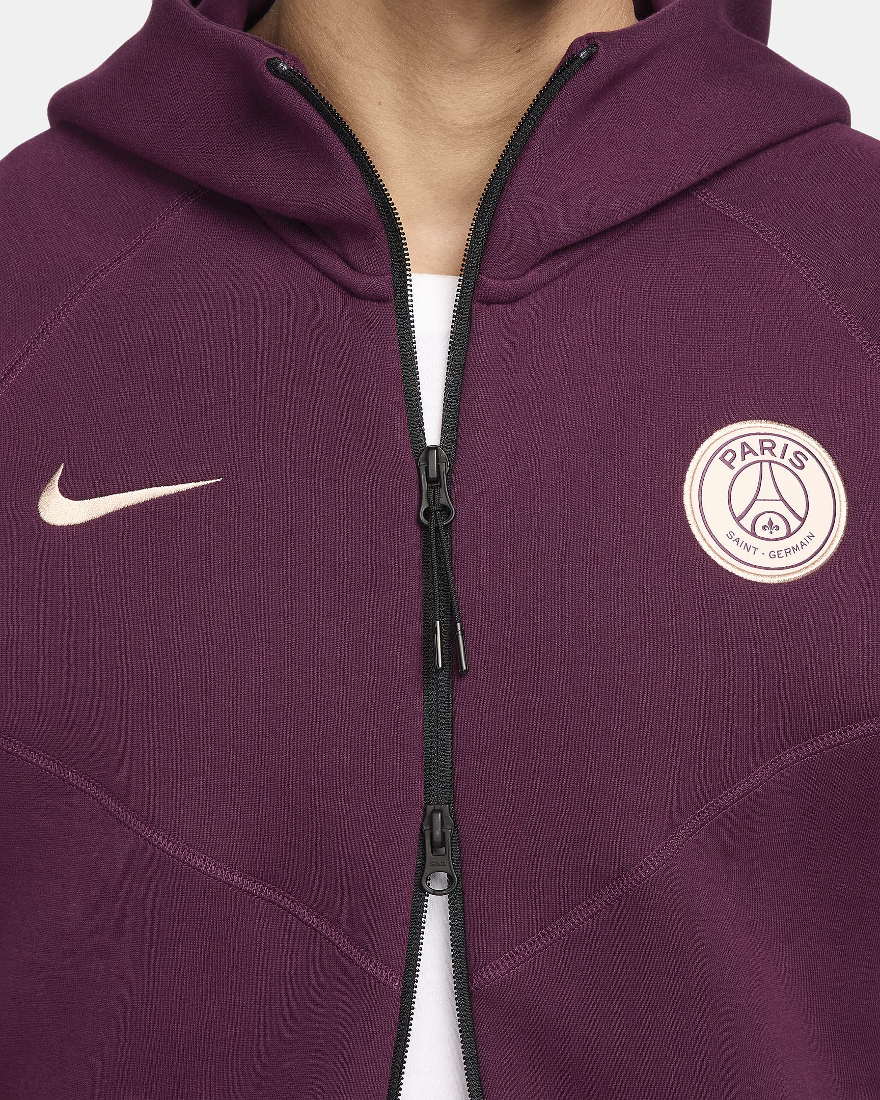 Męska piłkarska bluza z kapturem i zamkiem na całej długości Nike Paris Saint-Germain Tech Fleece Windrunner - Bordeaux/Guava Ice