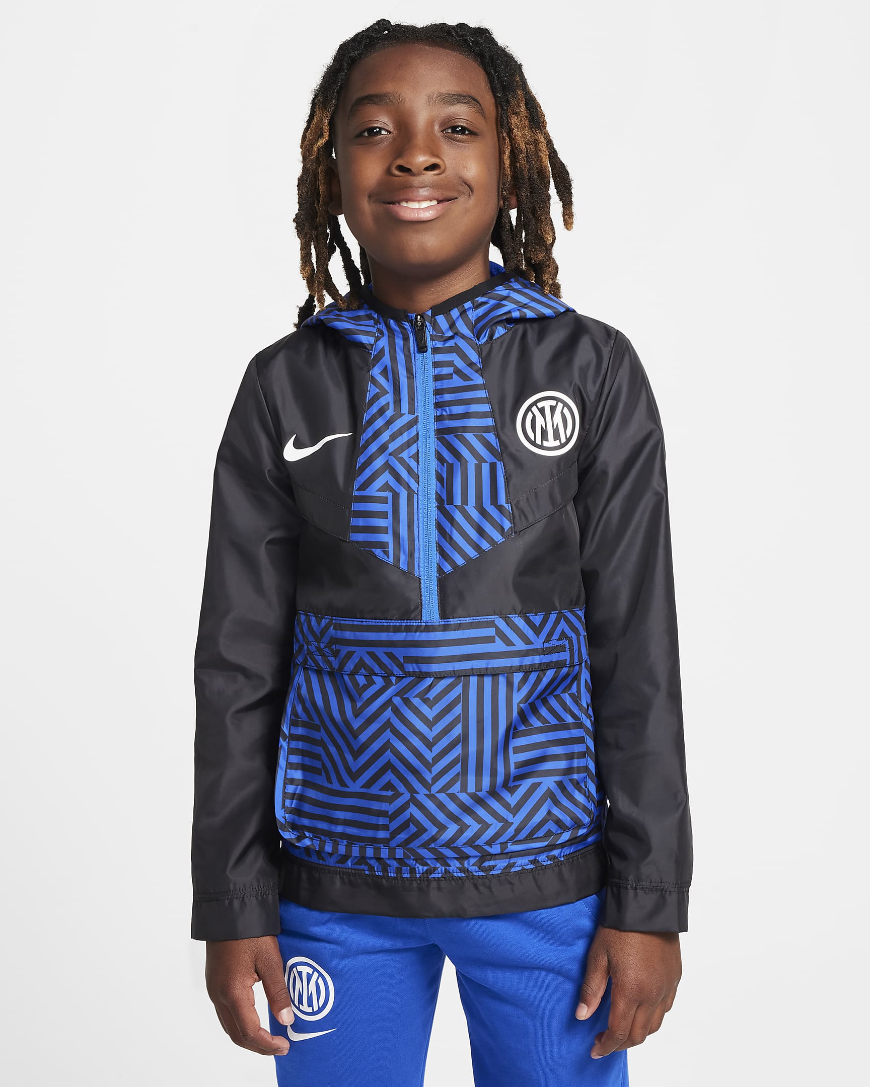 Inter Milan Amplify Windrunner Home Older Kids' (Boys') Nike Football Anorak Jacket - Black/Lyon Blue/White