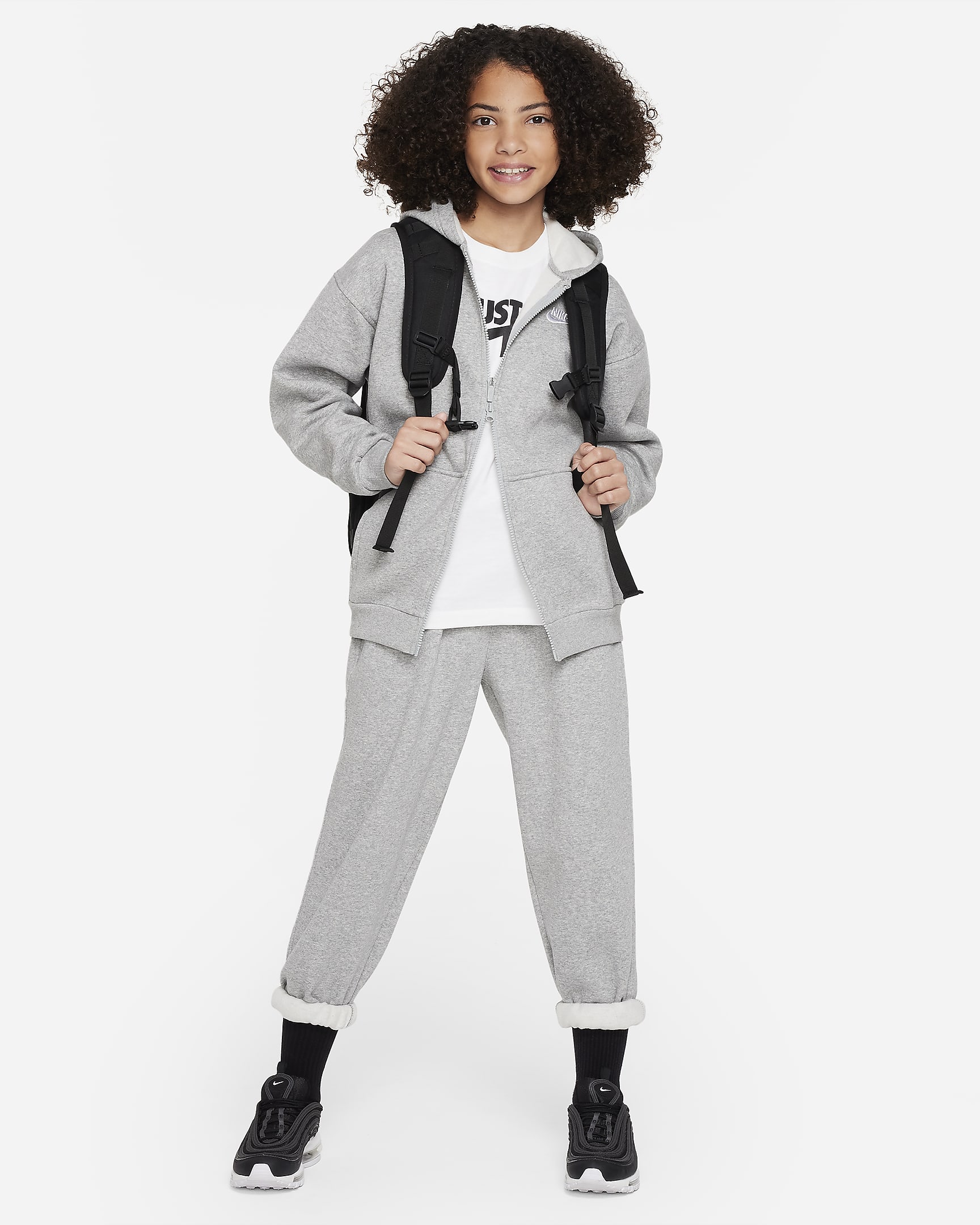 Nike Sportswear Club Fleece Big Kids' Oversized Full-Zip Hoodie - Dark Grey Heather/White