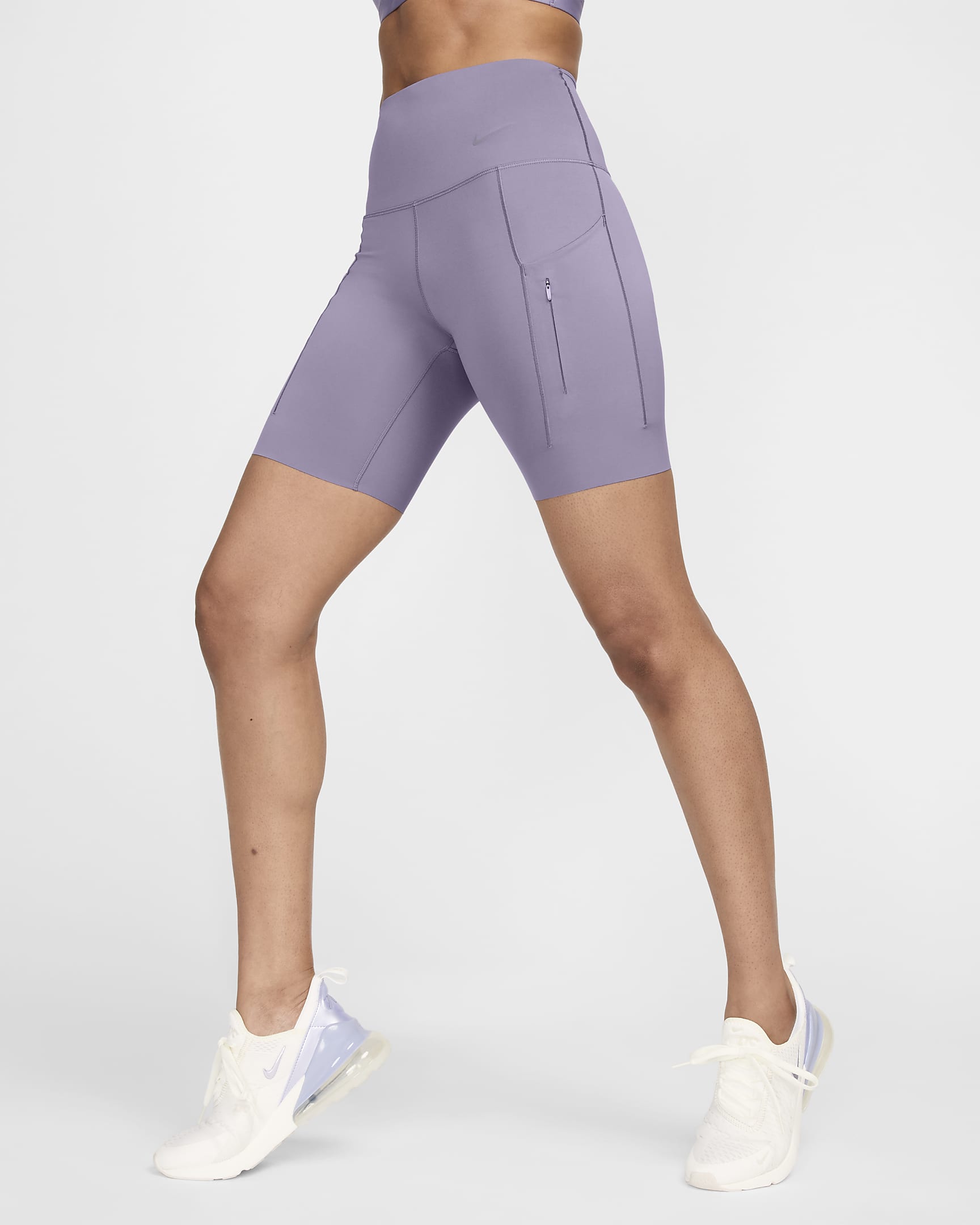 Nike Go sykkelshorts med fast støtte, høyt liv og lommer til dame (20 cm) - Daybreak/Svart