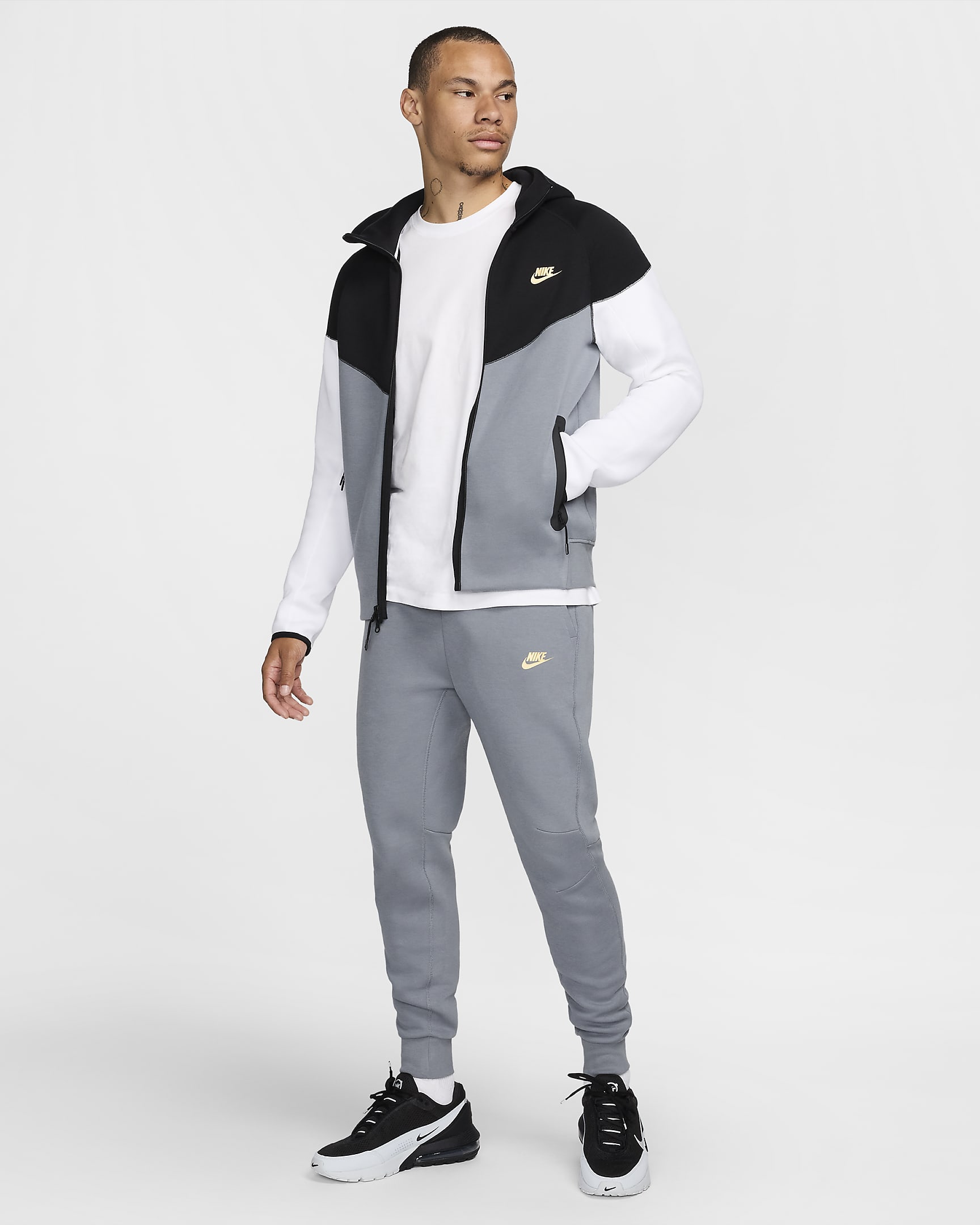 Huvtröja med hel dragkedja Nike Sportswear Tech Fleece Windrunner för män - Svart/Cool Grey/Vit/Metallic Gold