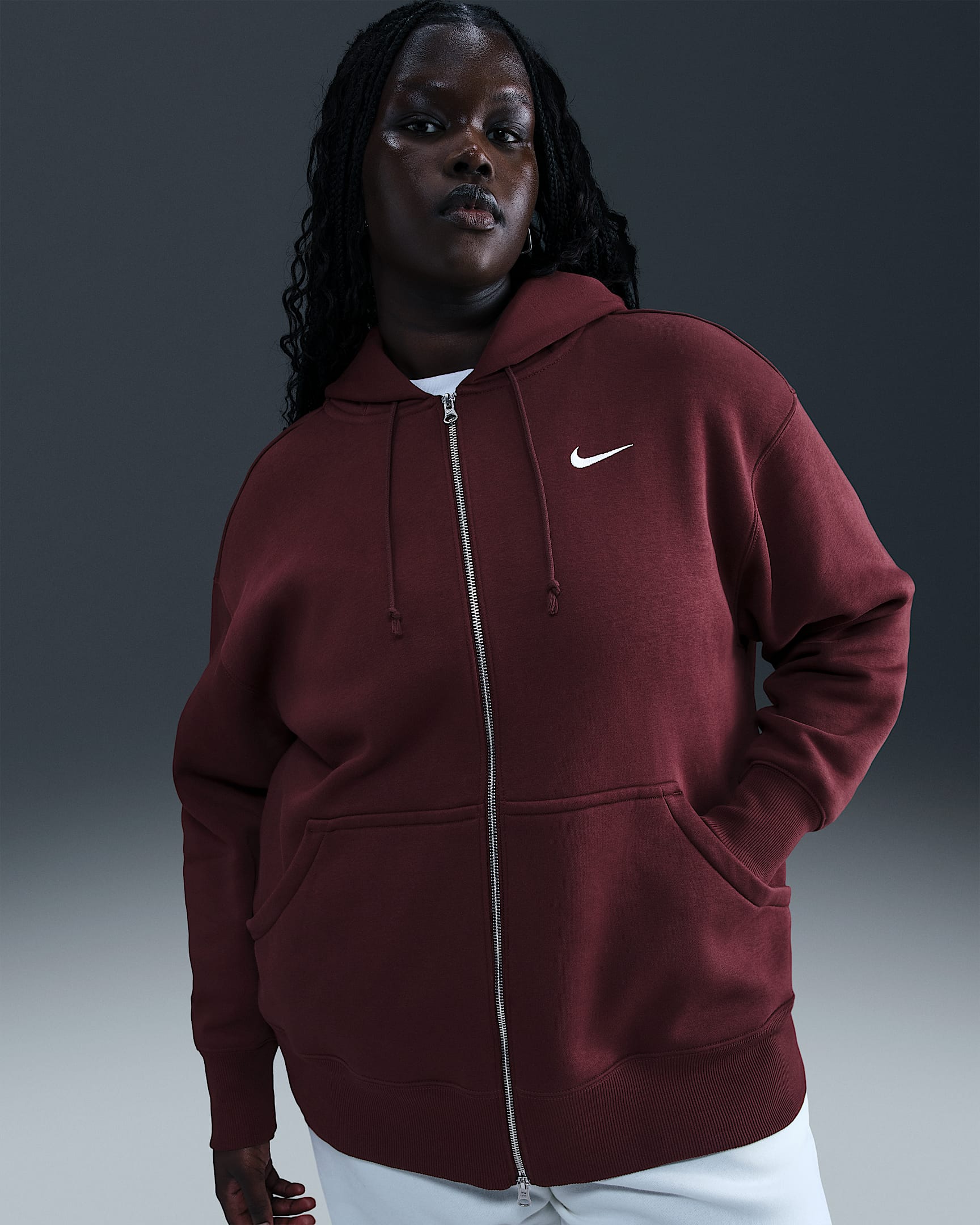 Nike Sportswear Phoenix Fleece Women's Oversized Full-Zip Hoodie (Plus Size) - Burgundy Crush/Sail