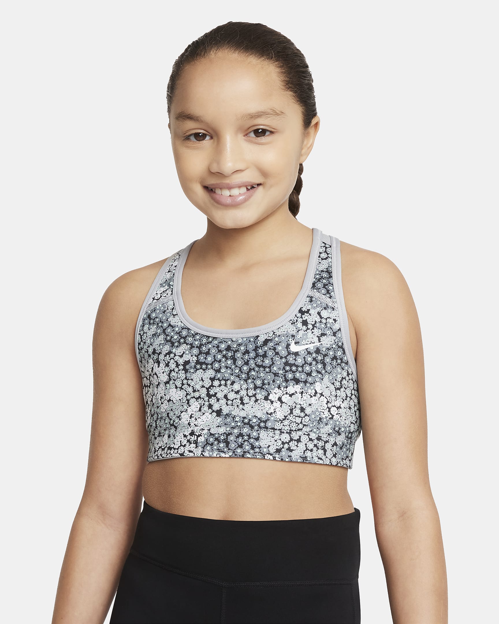 Nike Dri-FIT Swoosh Big Kids' (Girls') Printed Reversible Sports Bra - Light Smoke Grey/White