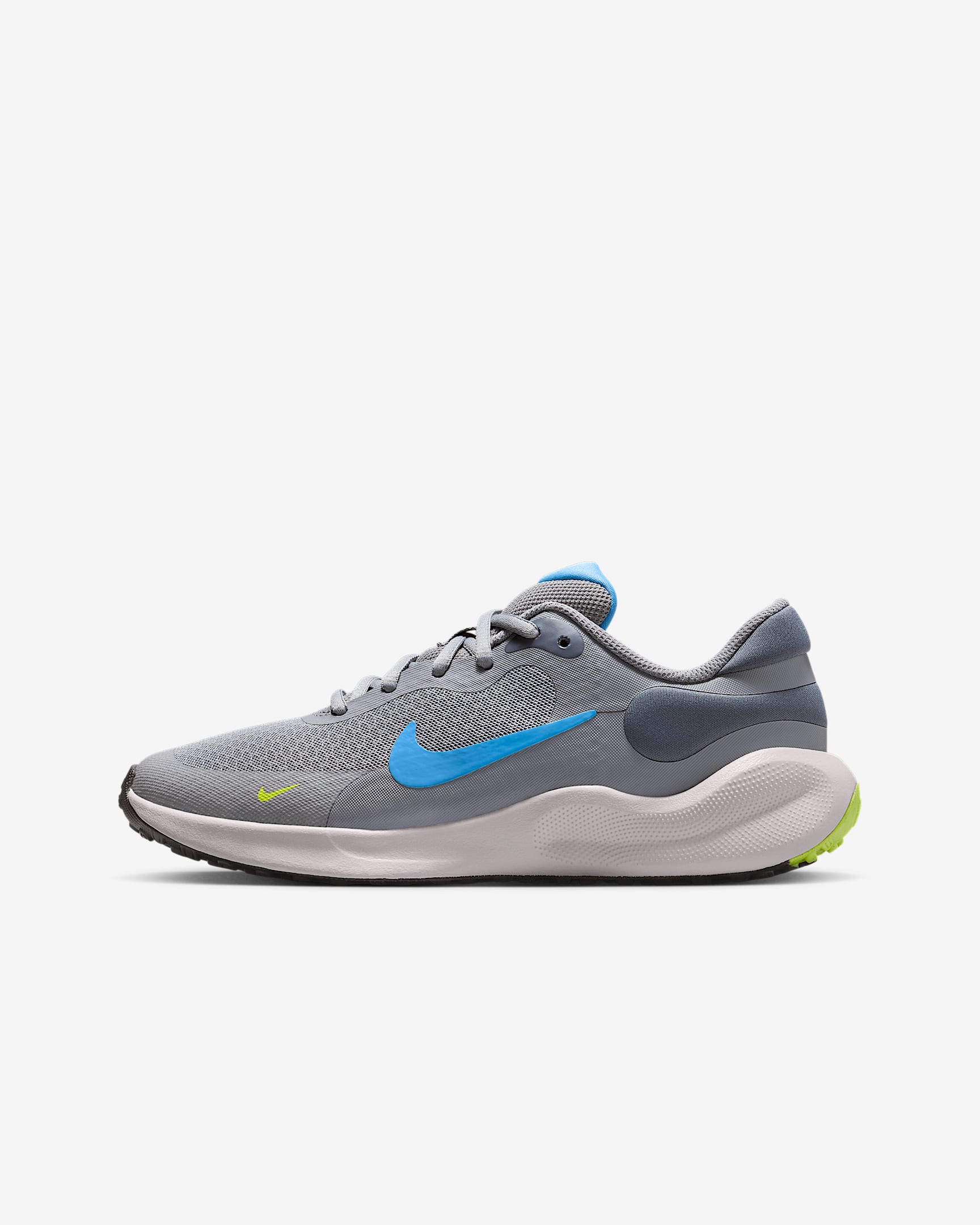 Tenis de correr en pavimento para niños grandes Nike Revolution 7 - Gris cemento/Carbón claro/Volt/Azul universitario