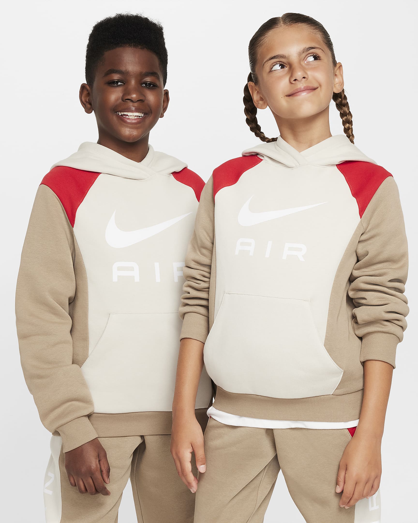 Nike Air Big Kids' Pullover Hoodie - Khaki/Light Orewood Brown/University Red/White