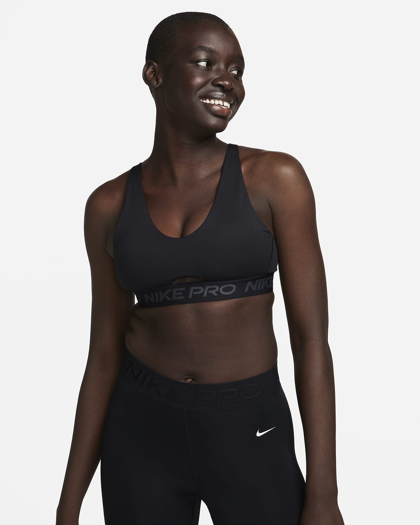 Brassière de sport rembourrée à maintien normal Nike Pro Indy Plunge pour femme - Noir/Anthracite/Blanc