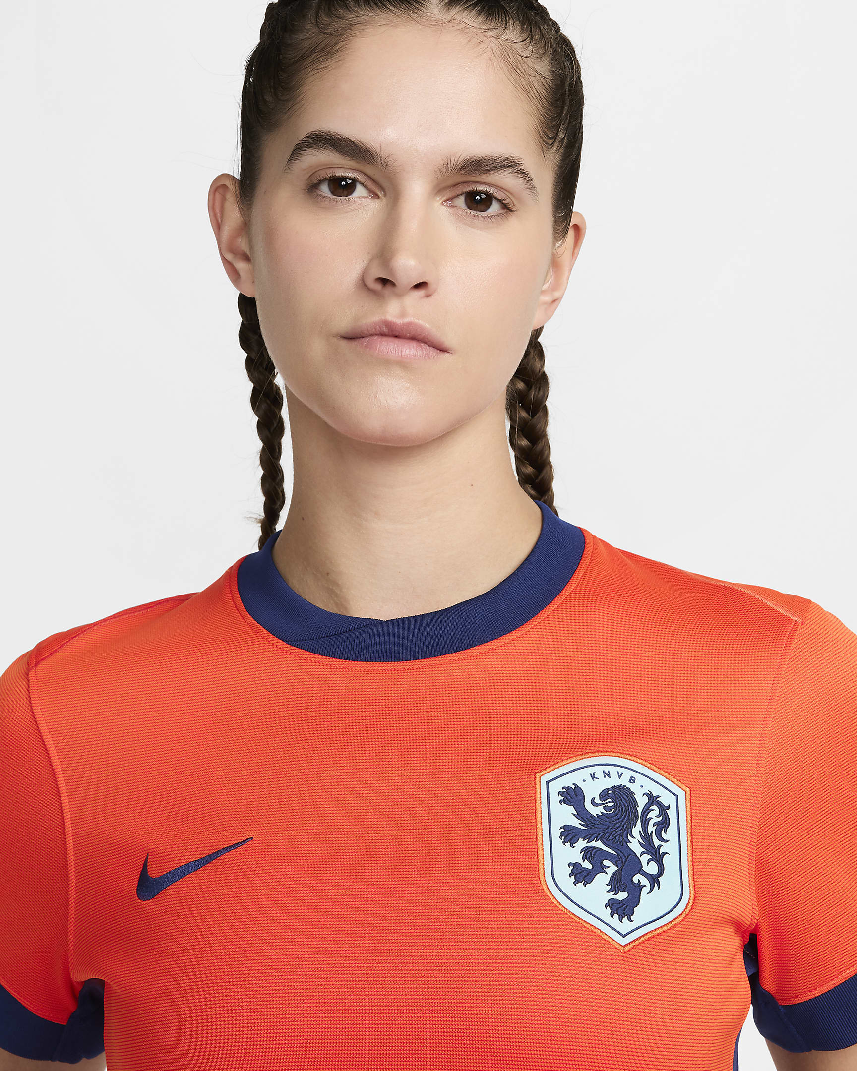 Nederland (herenelftal) 2024/25 Stadium Thuis Nike Dri-FIT replica voetbalshirt voor dames - Safety Orange/Blue Void/Copa/Blue Void