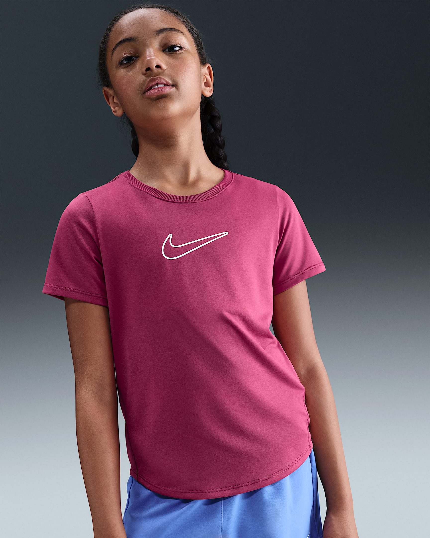 Nike One Fitted Older Kids' (Girls') Dri-FIT Short-Sleeve Top - Sweet Beet/White