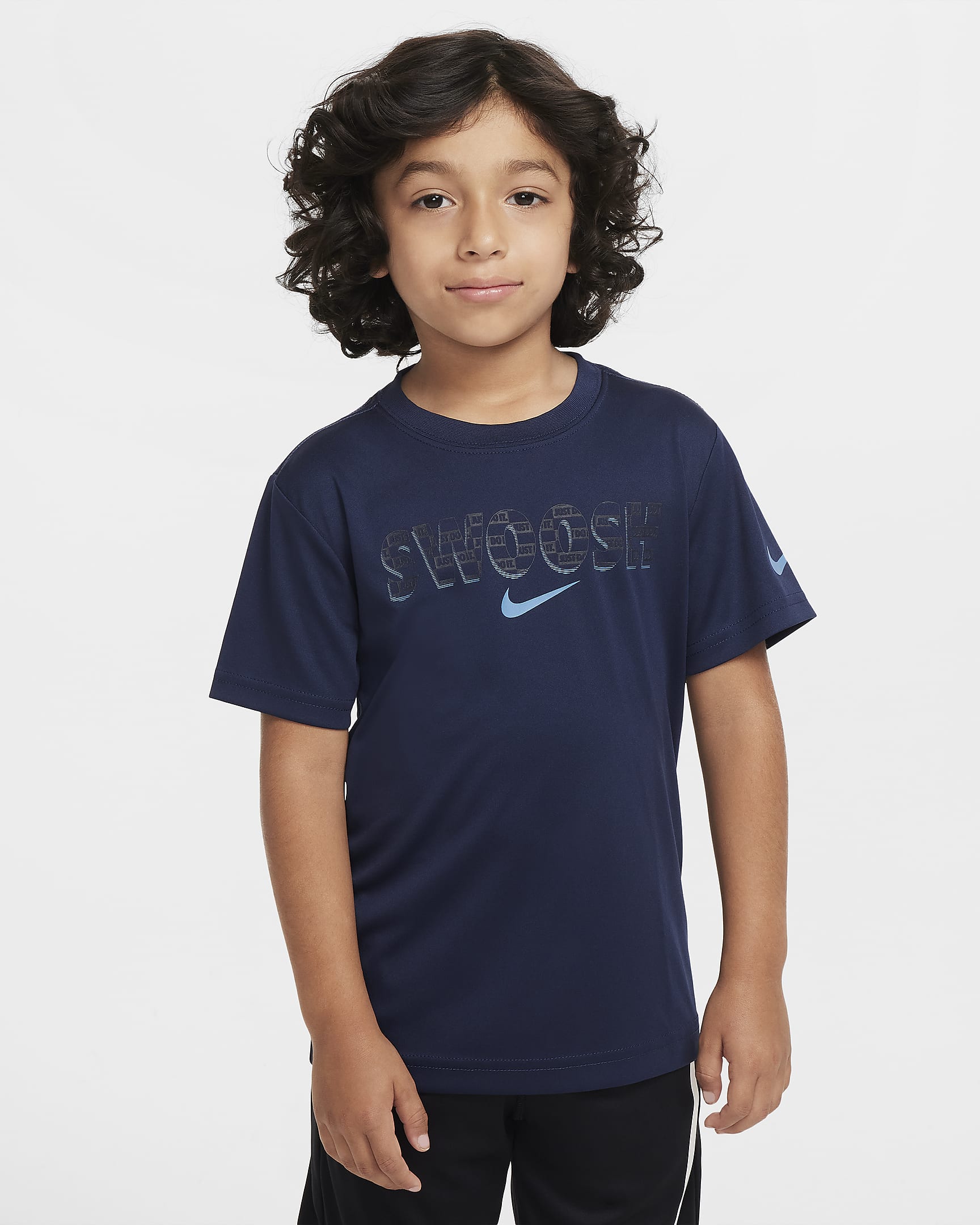 Playera Swoosh para niños talla pequeña Nike Dri-FIT "Just Do It" - Azul marino medianoche