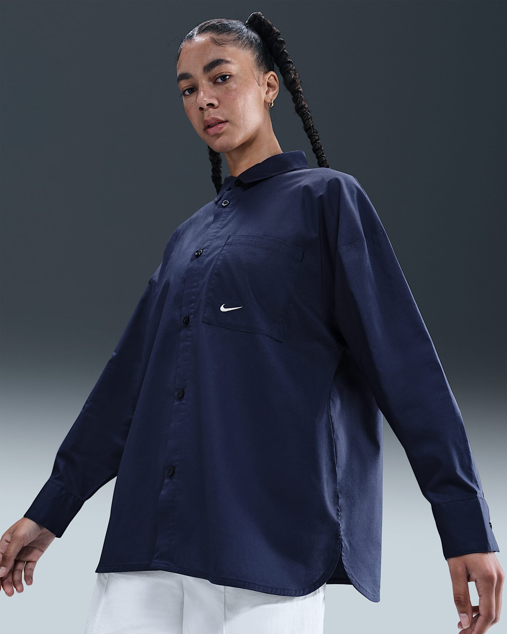 Nike Sportswear Chill Poplin Women's Loose Long-Sleeve Button-Down Top - Midnight Navy/Sail