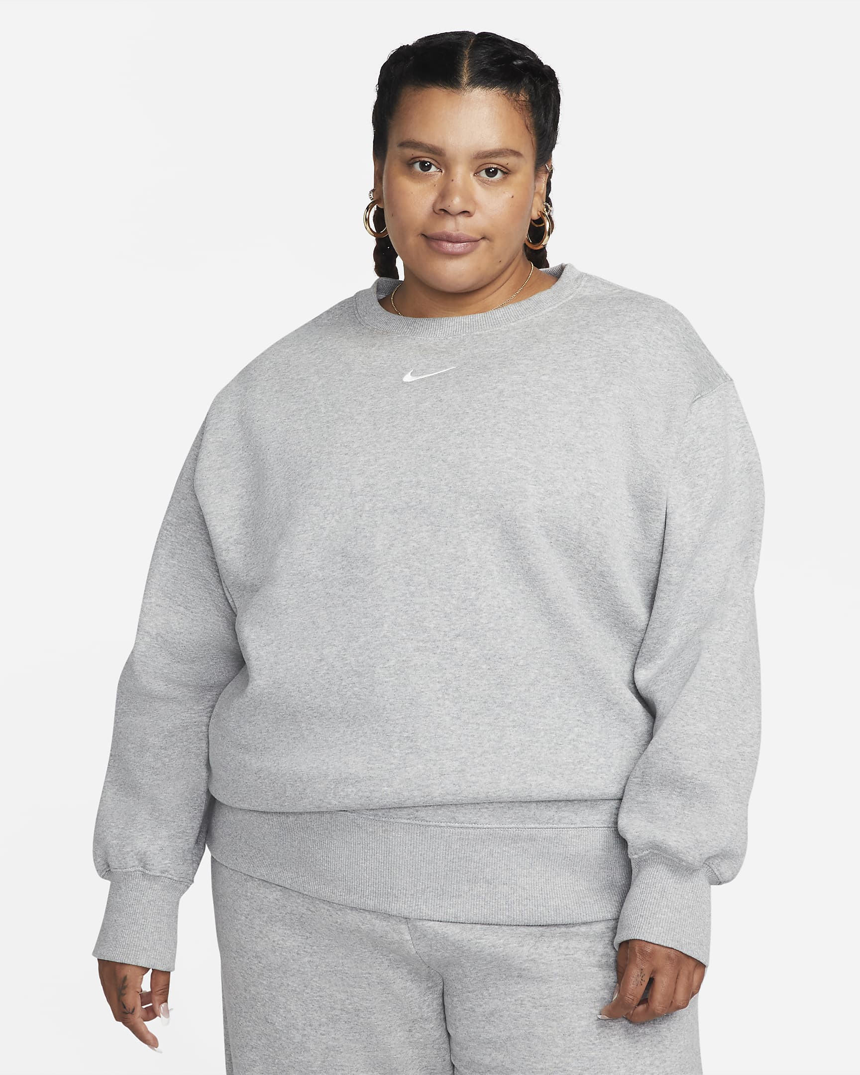 Nike Sportswear Phoenix Fleece ekstra stor sweatshirt med rund hals til dame (Plus Size) - Dark Grey Heather/Sail