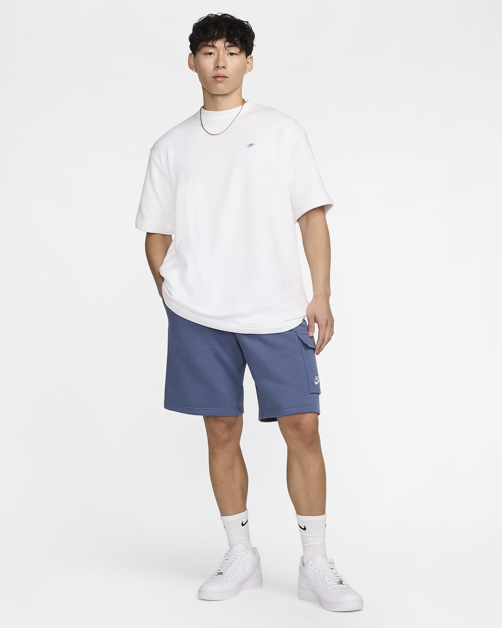 Nike Sportswear Men's French Terry Short-Sleeve Top - White/Aegean Storm