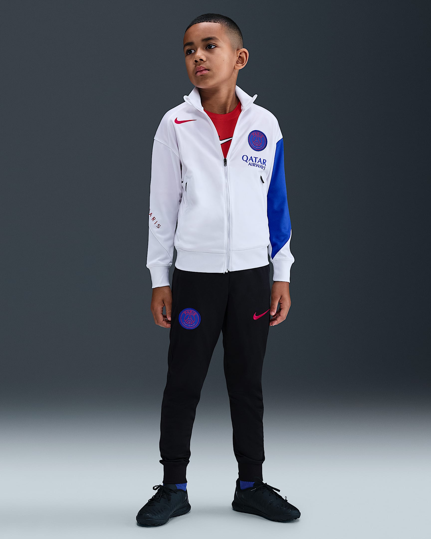 Paris Saint-Germain Strike Third Older Kids' Nike Dri-FIT Total 90 Football Knit Tracksuit - White/Black/Hyper Royal/Global Red
