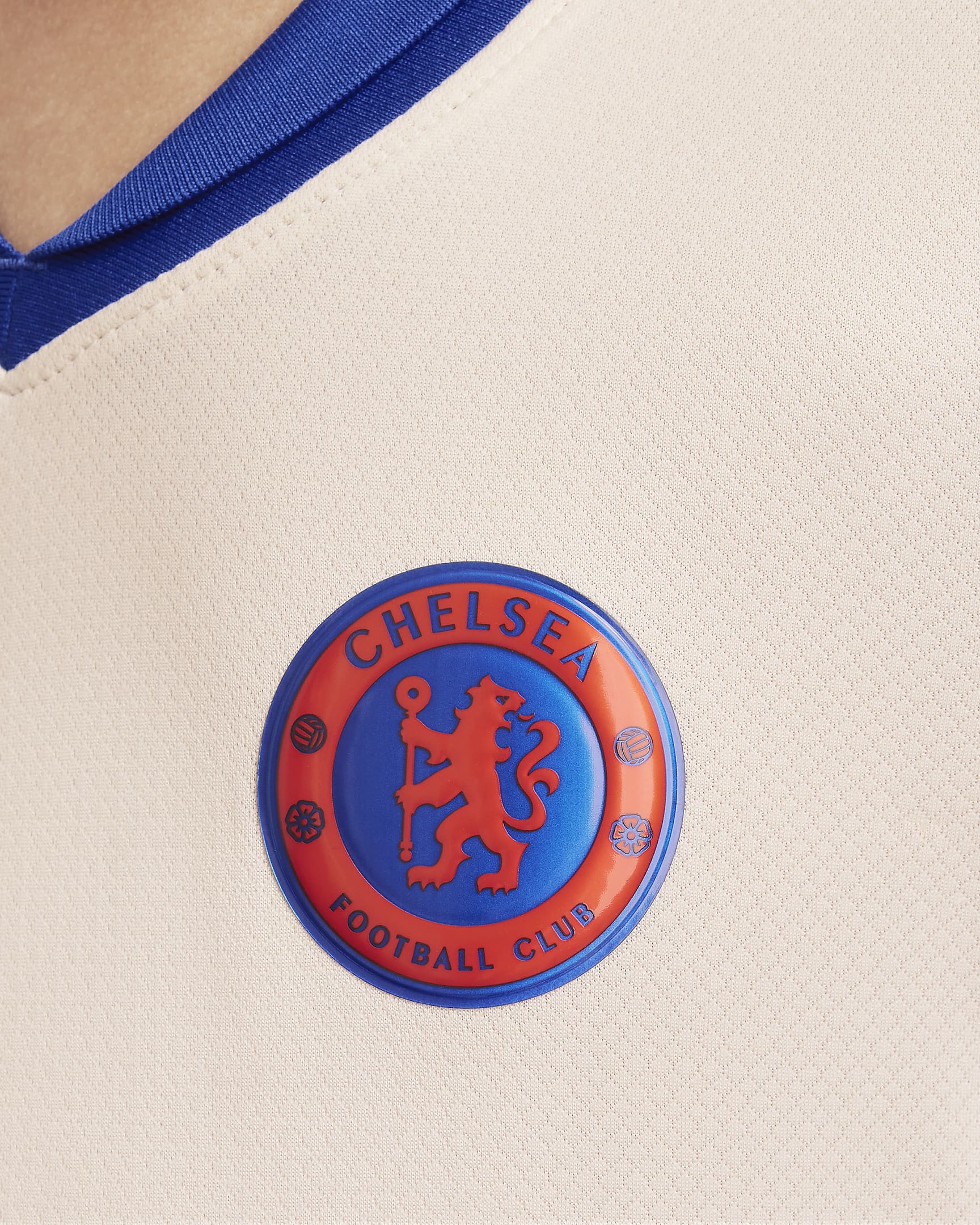 Chelsea FC 2024/25 Stadium Away Big Kids' Nike Dri-FIT Soccer Replica Jersey - Guava Ice/Team Orange/Rush Blue