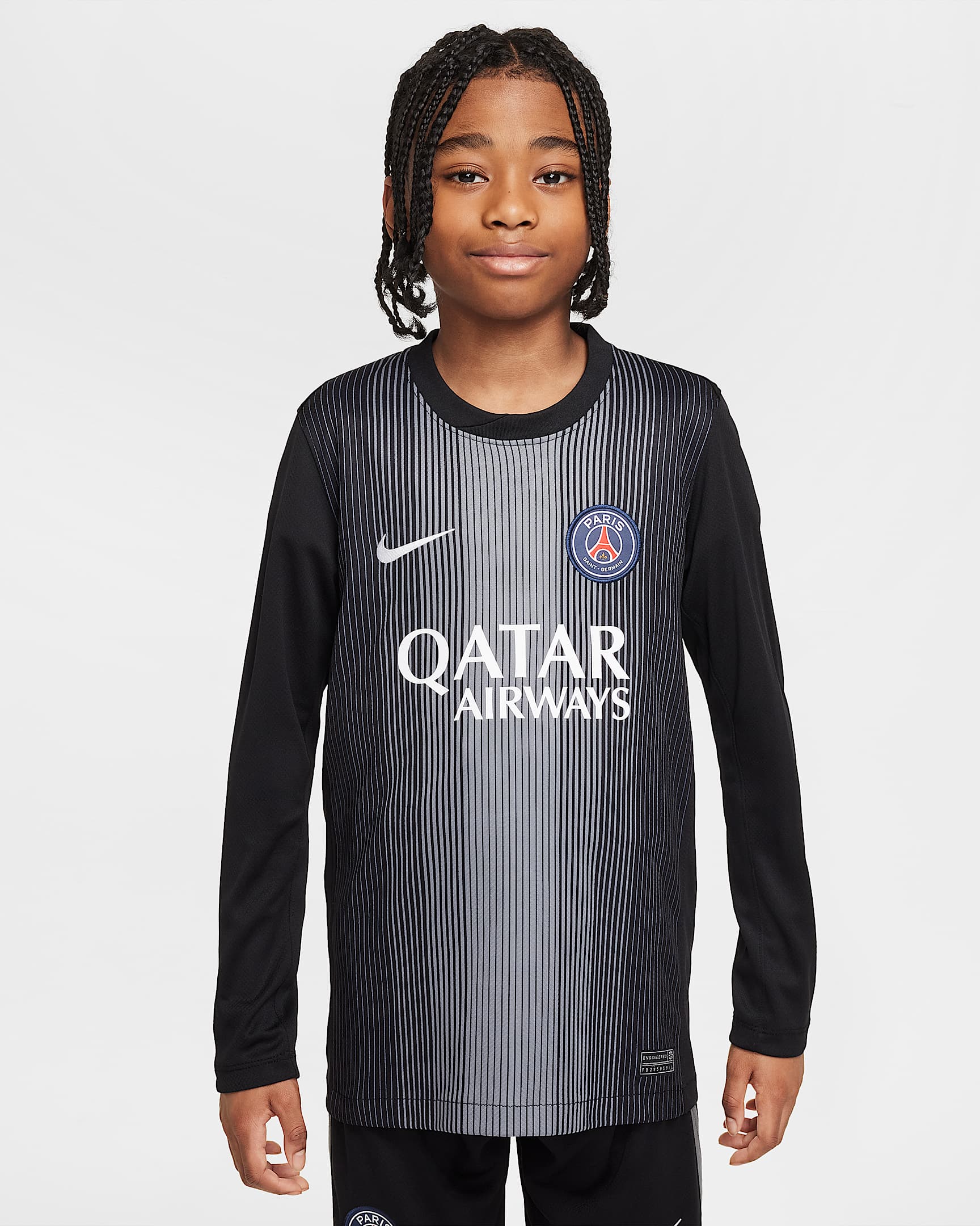 Equipación de portero/a Stadium París Saint-Germain 2025/26 Camiseta de fútbol Replica de manga larga Nike Dri-FIT - Niño/a - Negro/Smoke Grey/Blanco