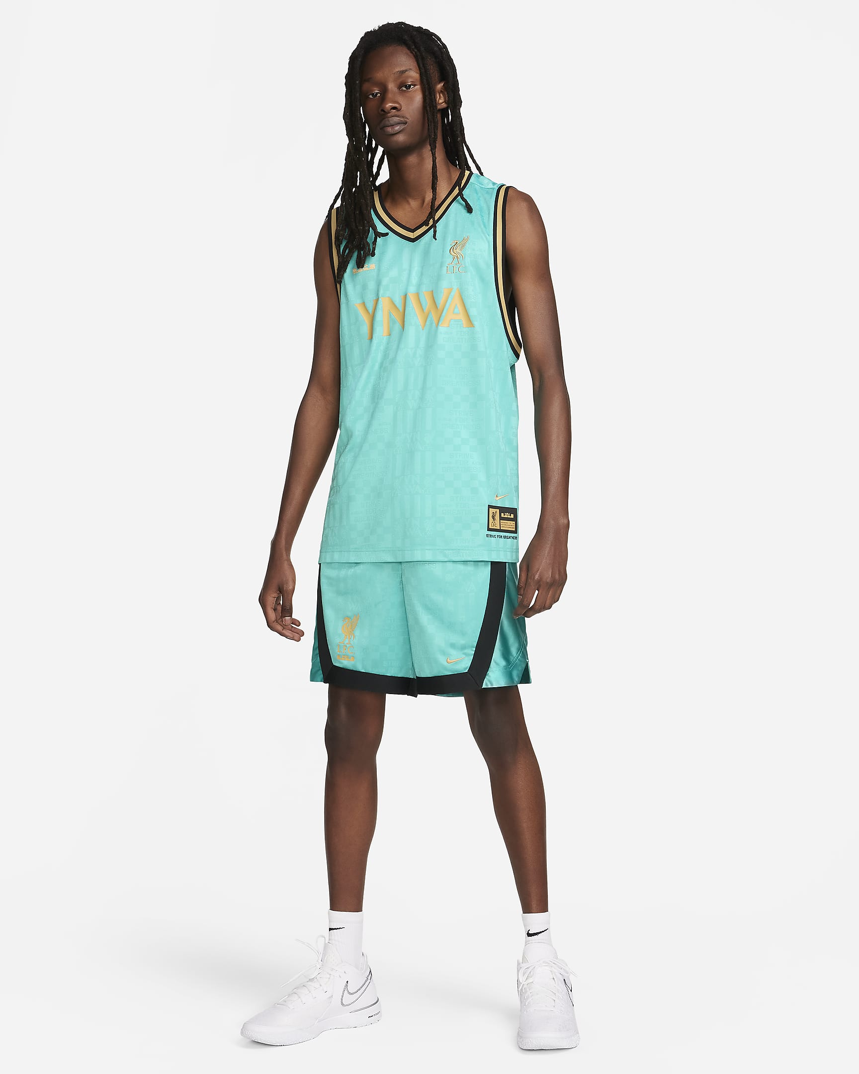 Jersey DNA de básquetbol Dri-FIT para hombre LeBron x Liverpool FC - Azul verdoso lavado/Oro genuino