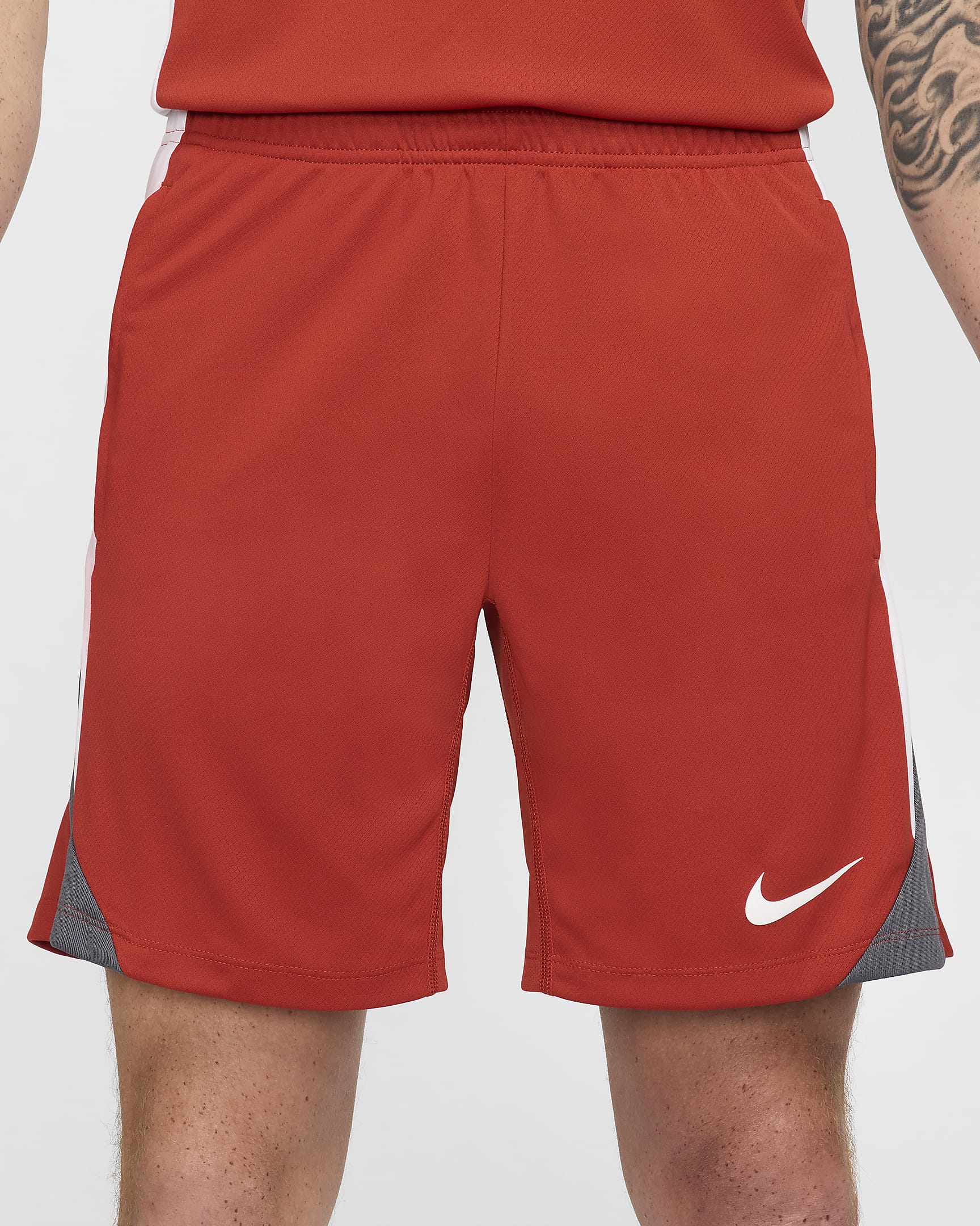 Męskie spodenki piłkarskie Dri-FIT Nike Strike - Dragon Red/Biel/Iron Grey/Biel