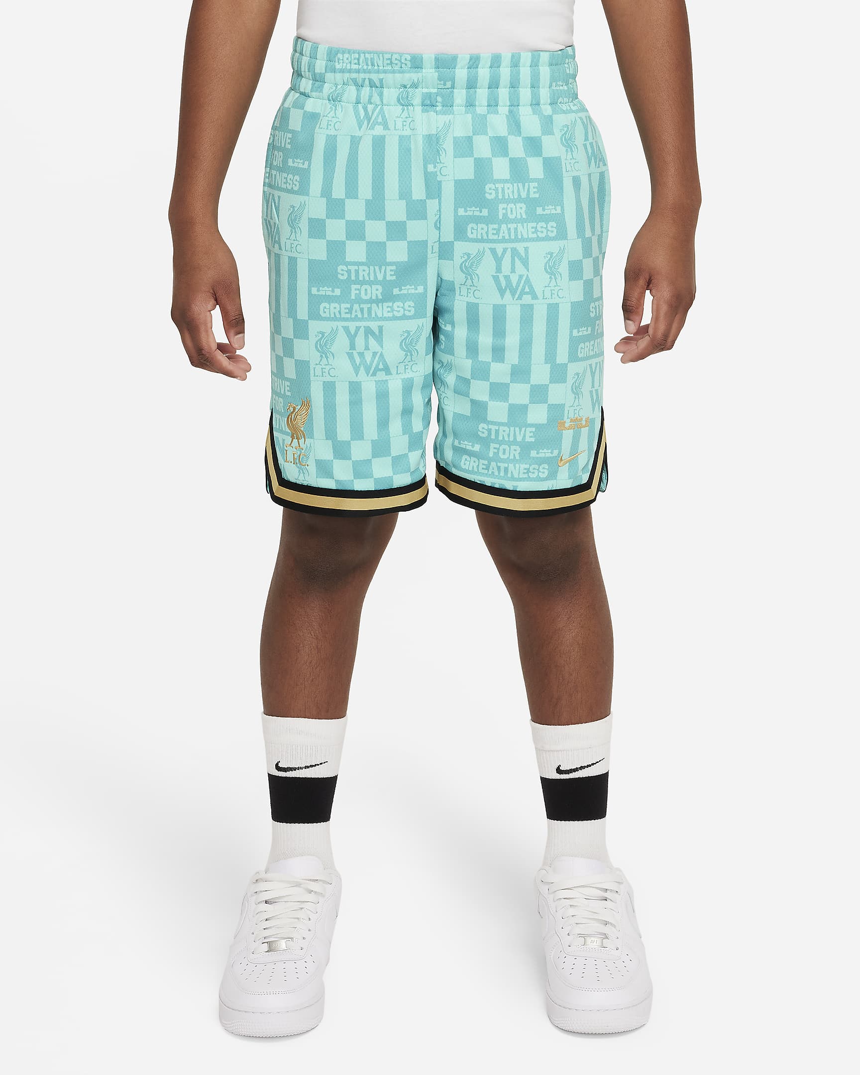 Shorts de básquetbol Nike DNA para niños talla grande LeBron x Liverpool FC - Toque tropical/Azul verdoso lavado/Oro genuino